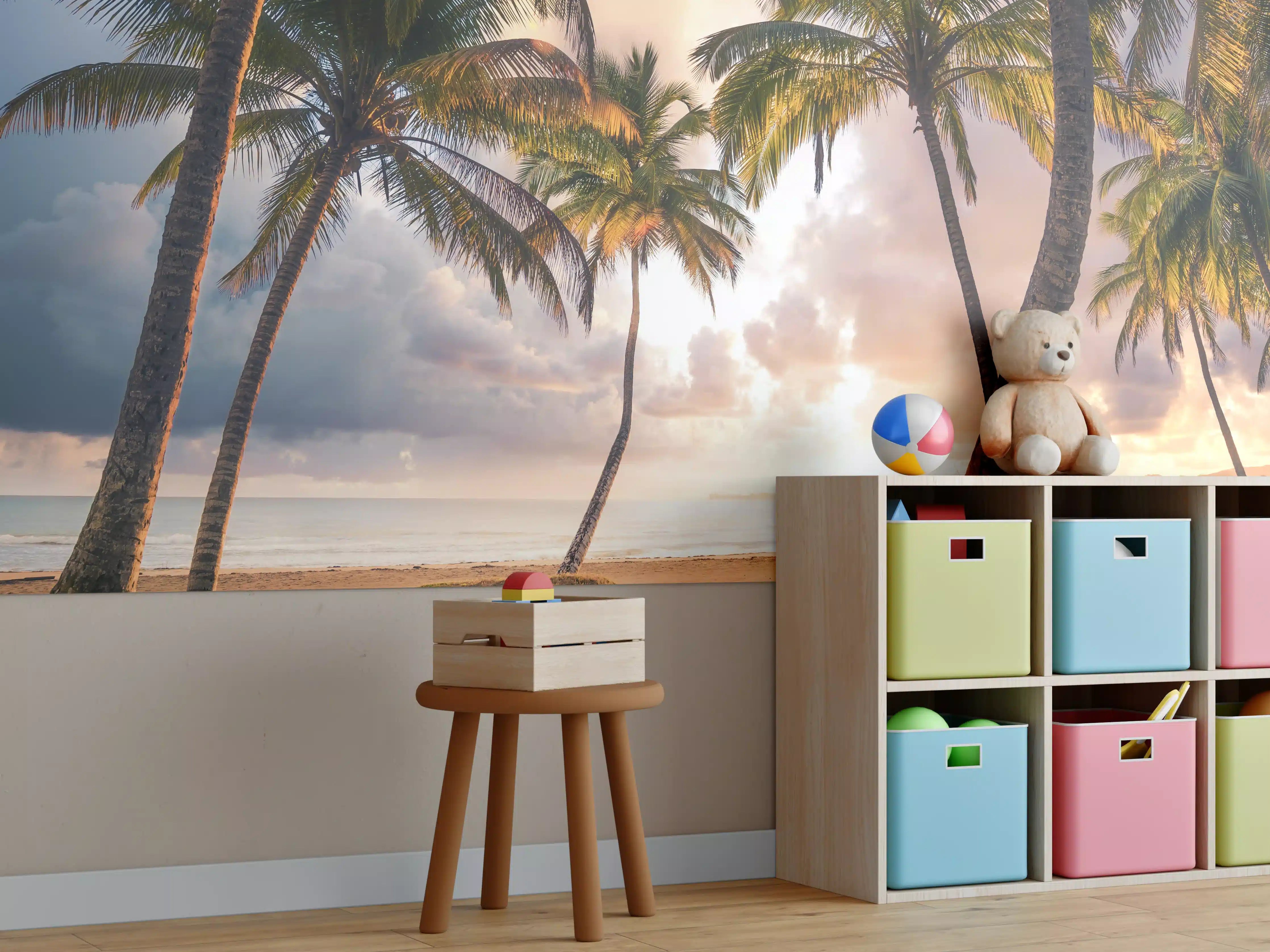 Kinderzimmer Wandgestaltung - Karibik Strand Sonnenaufgang Palmen