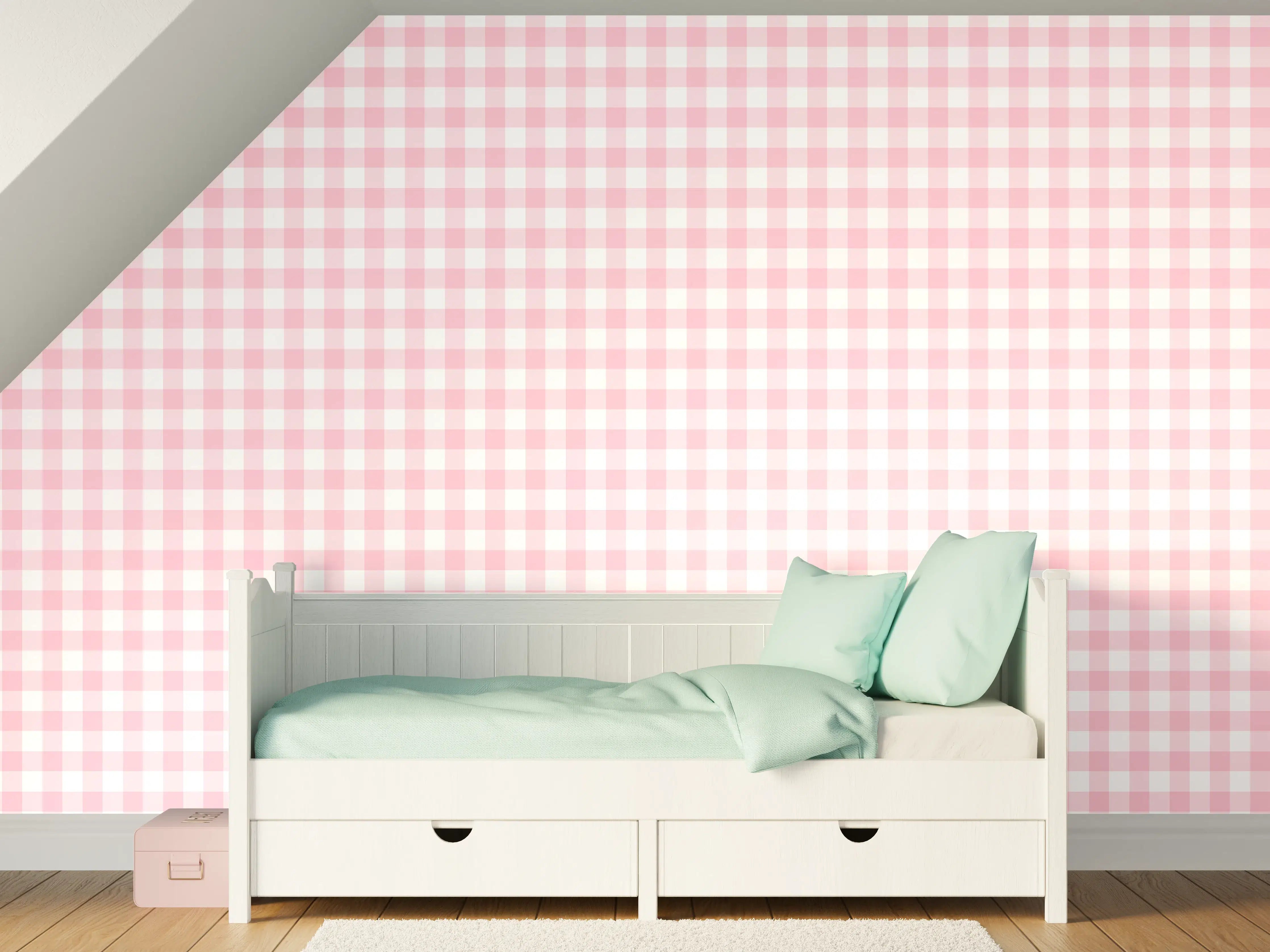 Kinderzimmer Wandgestaltung - Kariertes Vichy Pastellrosa Muster mit weißem Hintergrund