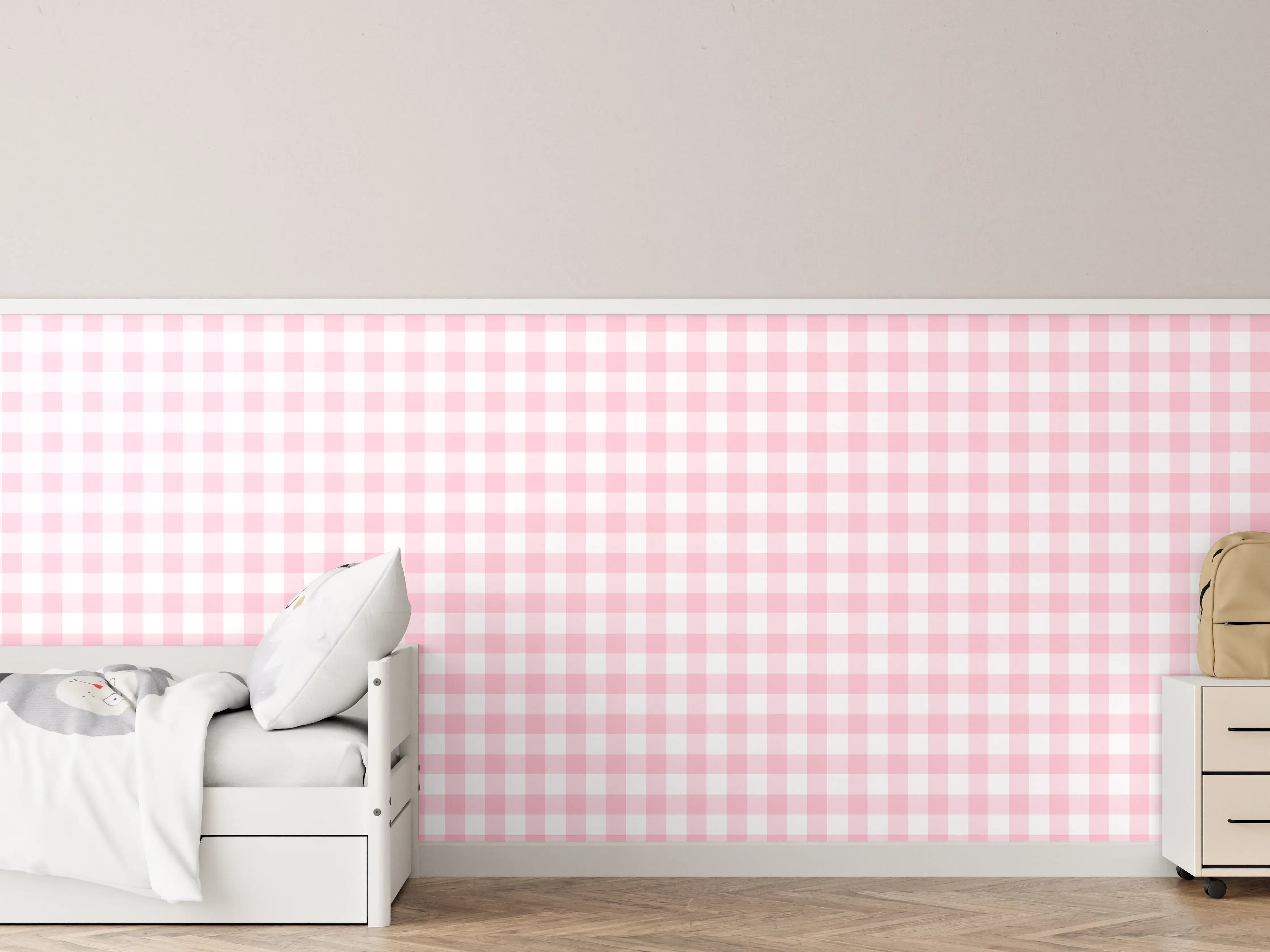 Kinderzimmer Wandgestaltung - Kariertes Vichy Pastellrosa Muster mit weißem Hintergrund