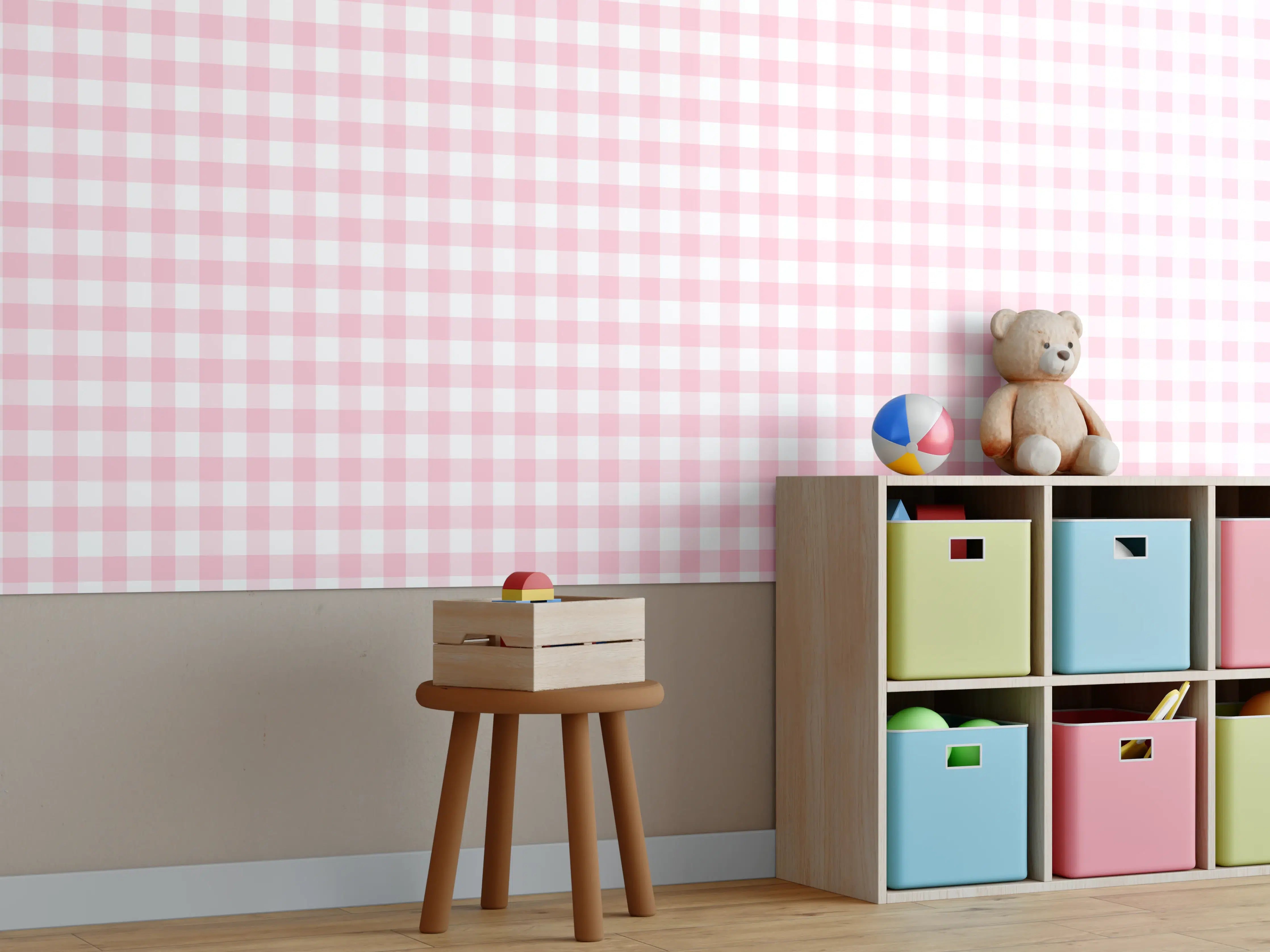 Kinderzimmer Wandgestaltung - Kariertes Vichy Pastellrosa Muster mit weißem Hintergrund