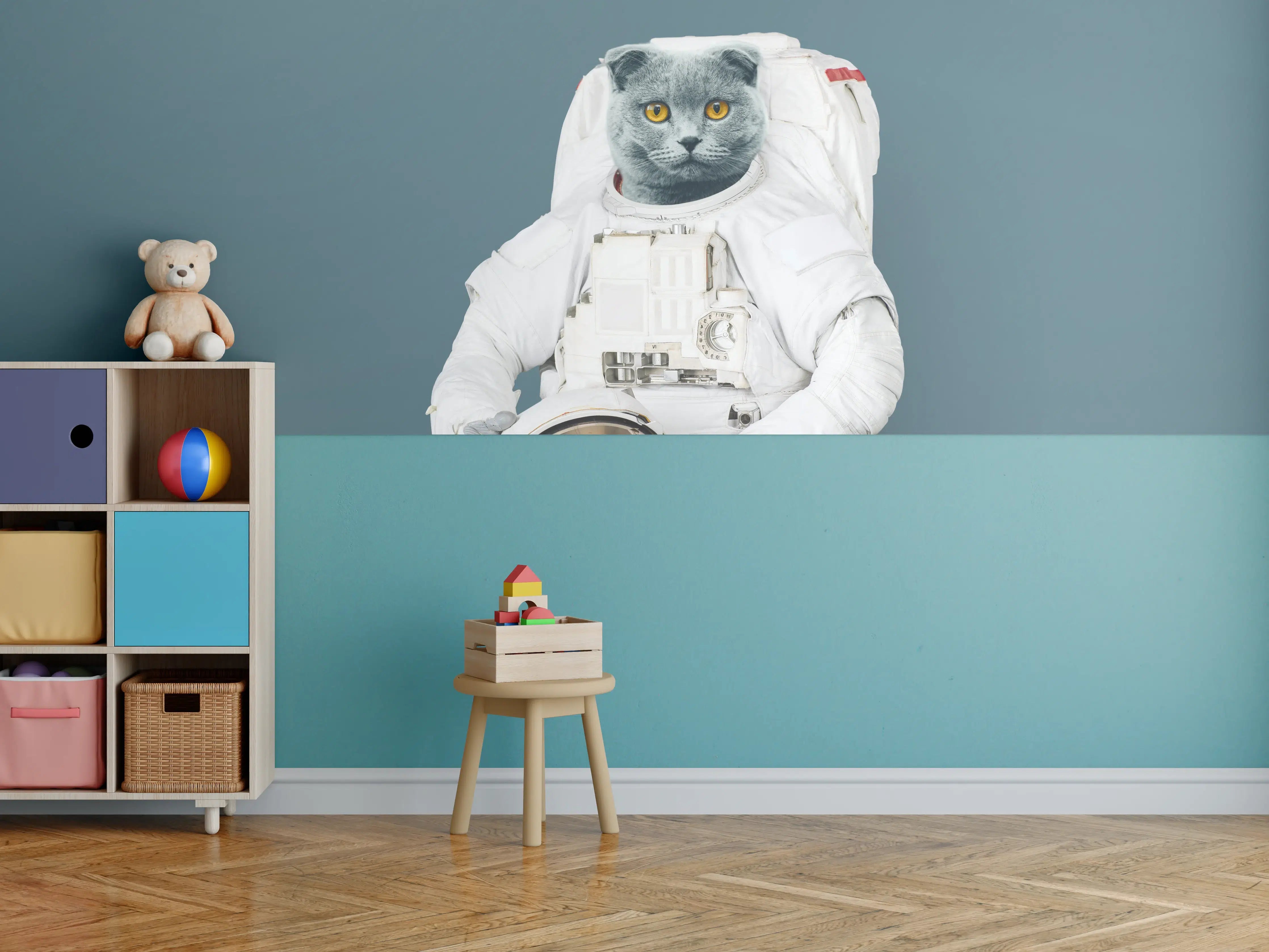 Kinderzimmer Wandgestaltung - Katzen-Astronaut Grau-Helm