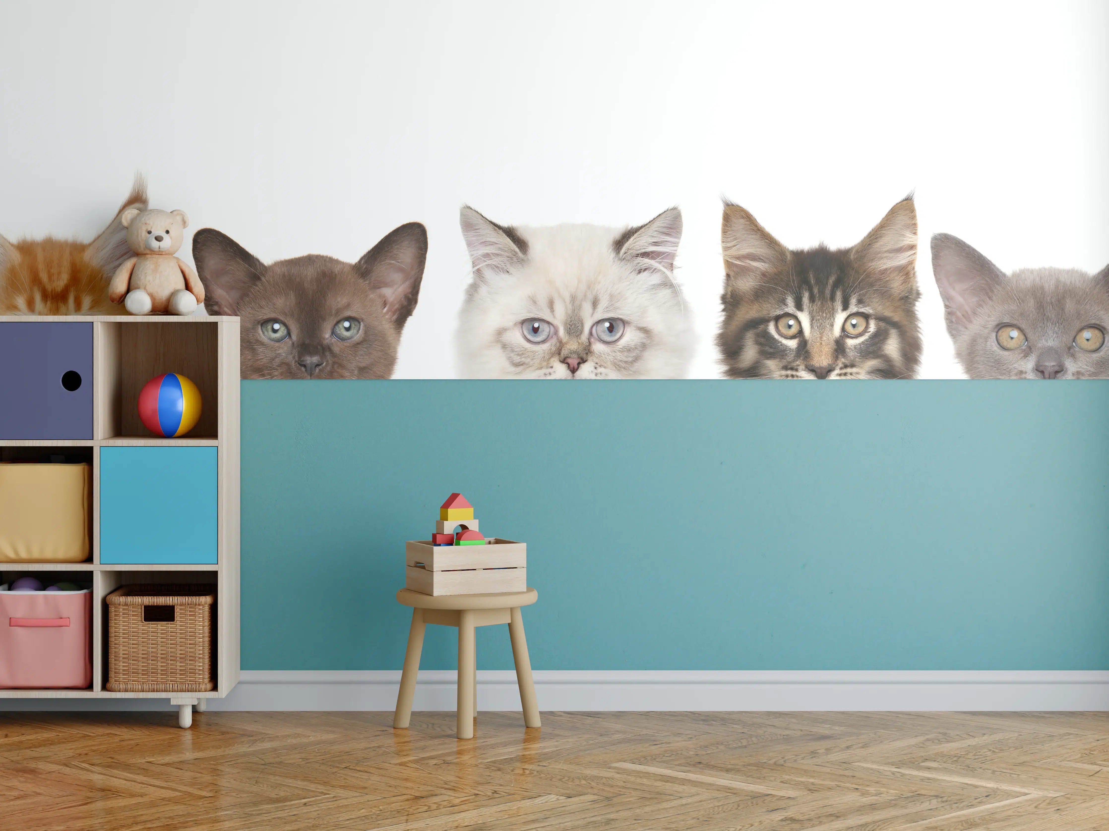 Kinderzimmer Wandgestaltung - Katzen-Kopf-Reihe in Weiß-Grau
