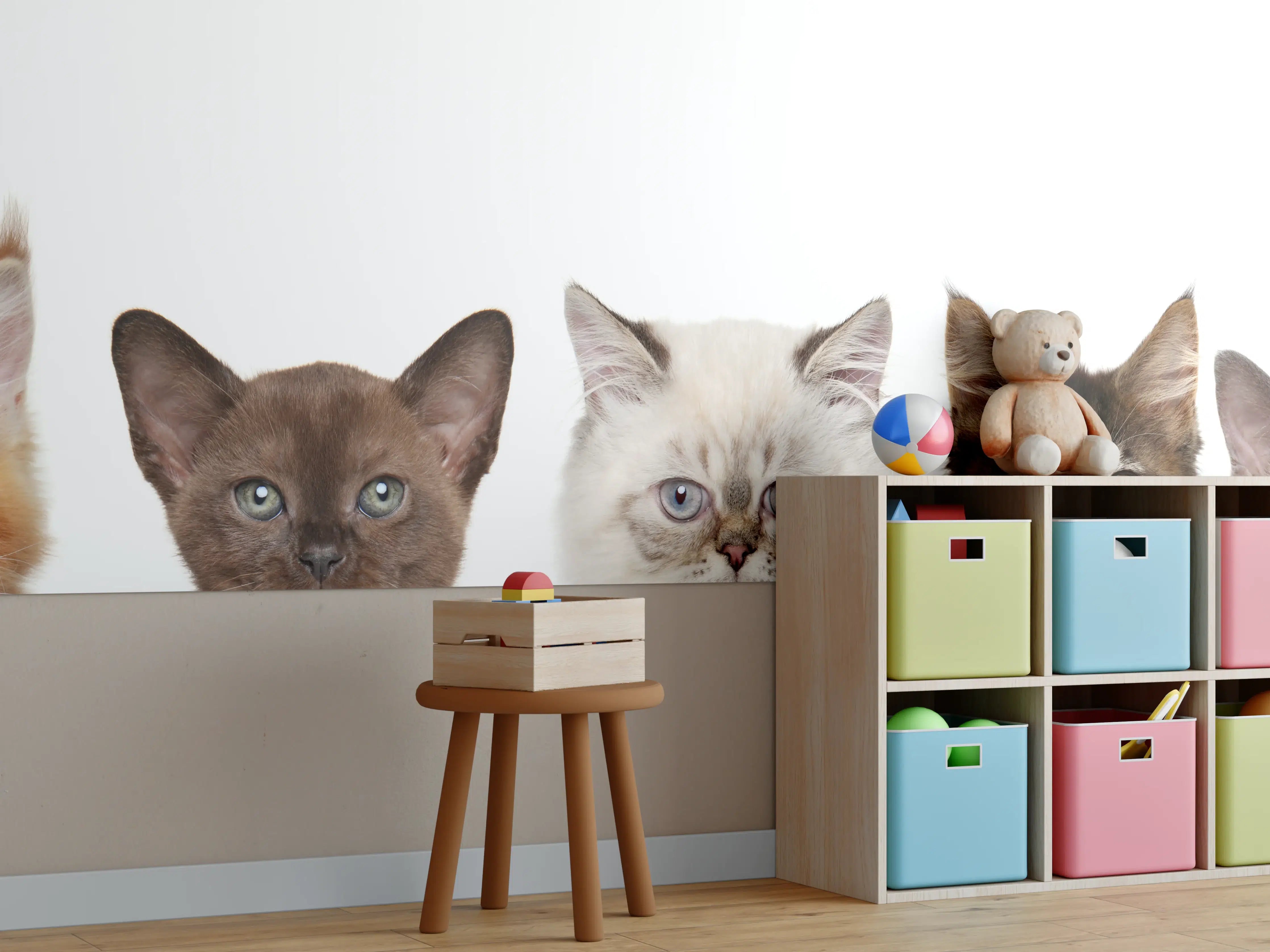 Kinderzimmer Wandgestaltung - Katzen-Kopf-Reihe in Weiß-Grau