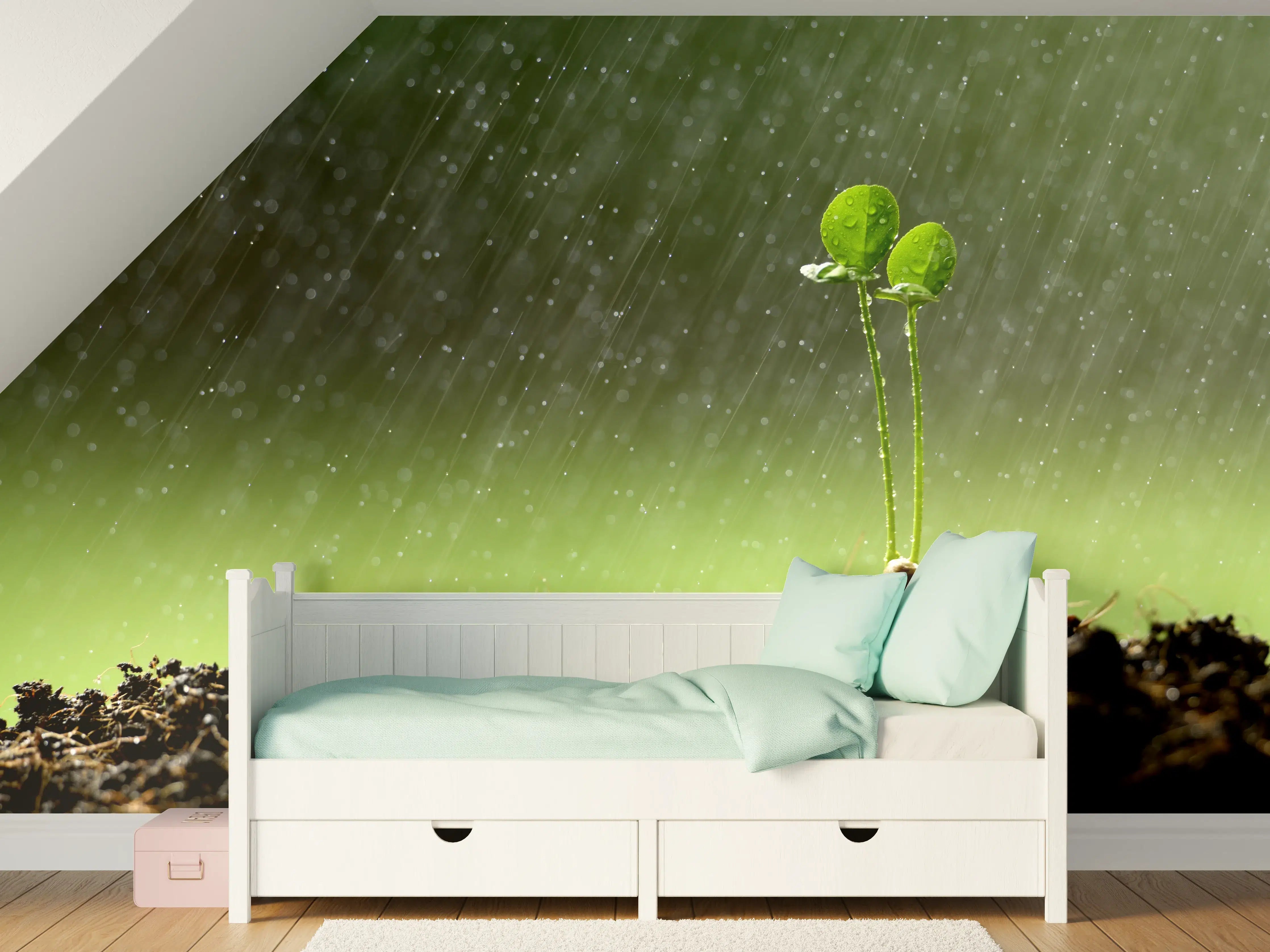 Kinderzimmer Wandgestaltung - Keimende Pflanze bei Regen