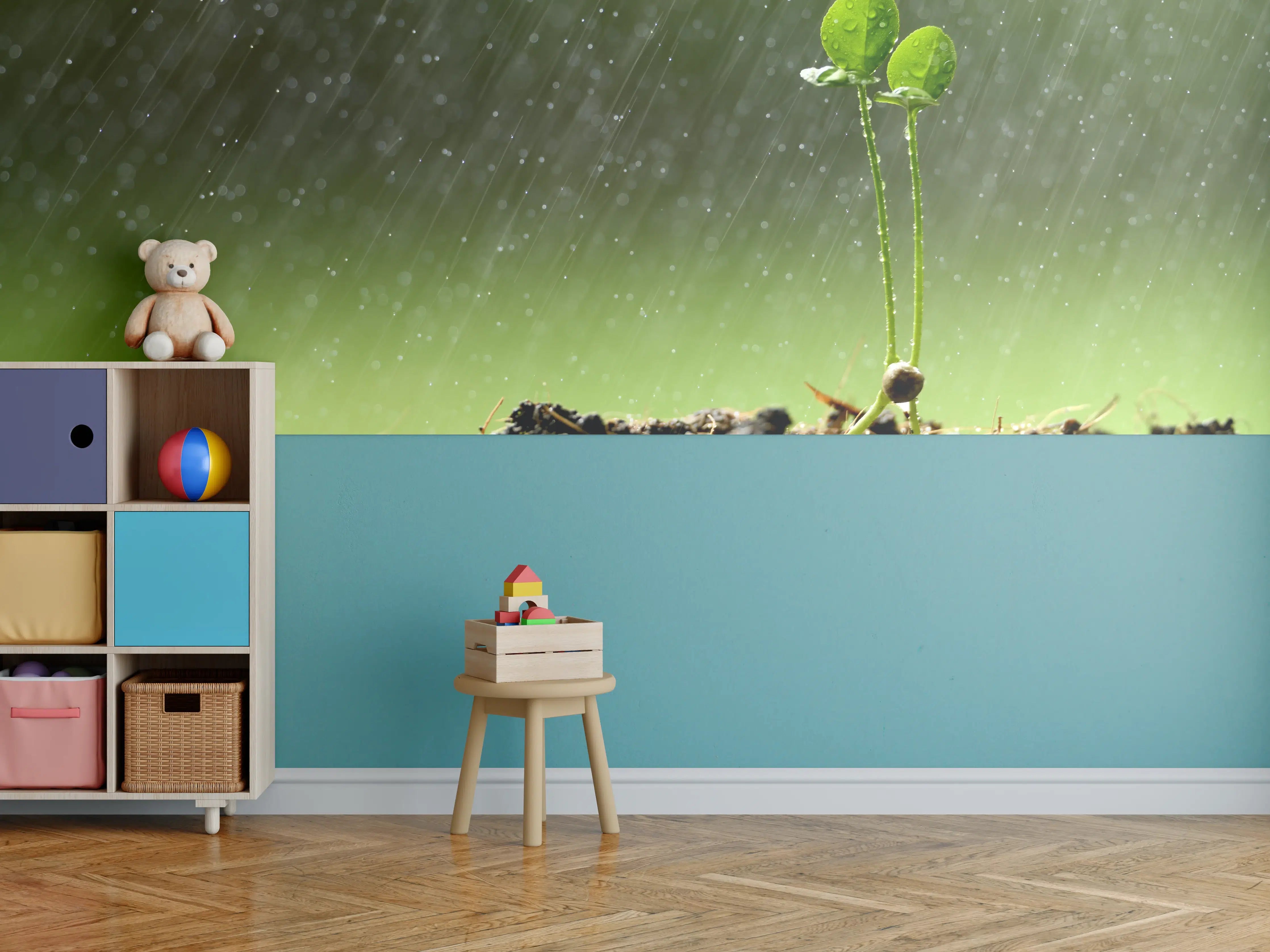 Kinderzimmer Wandgestaltung - Keimende Pflanze bei Regen