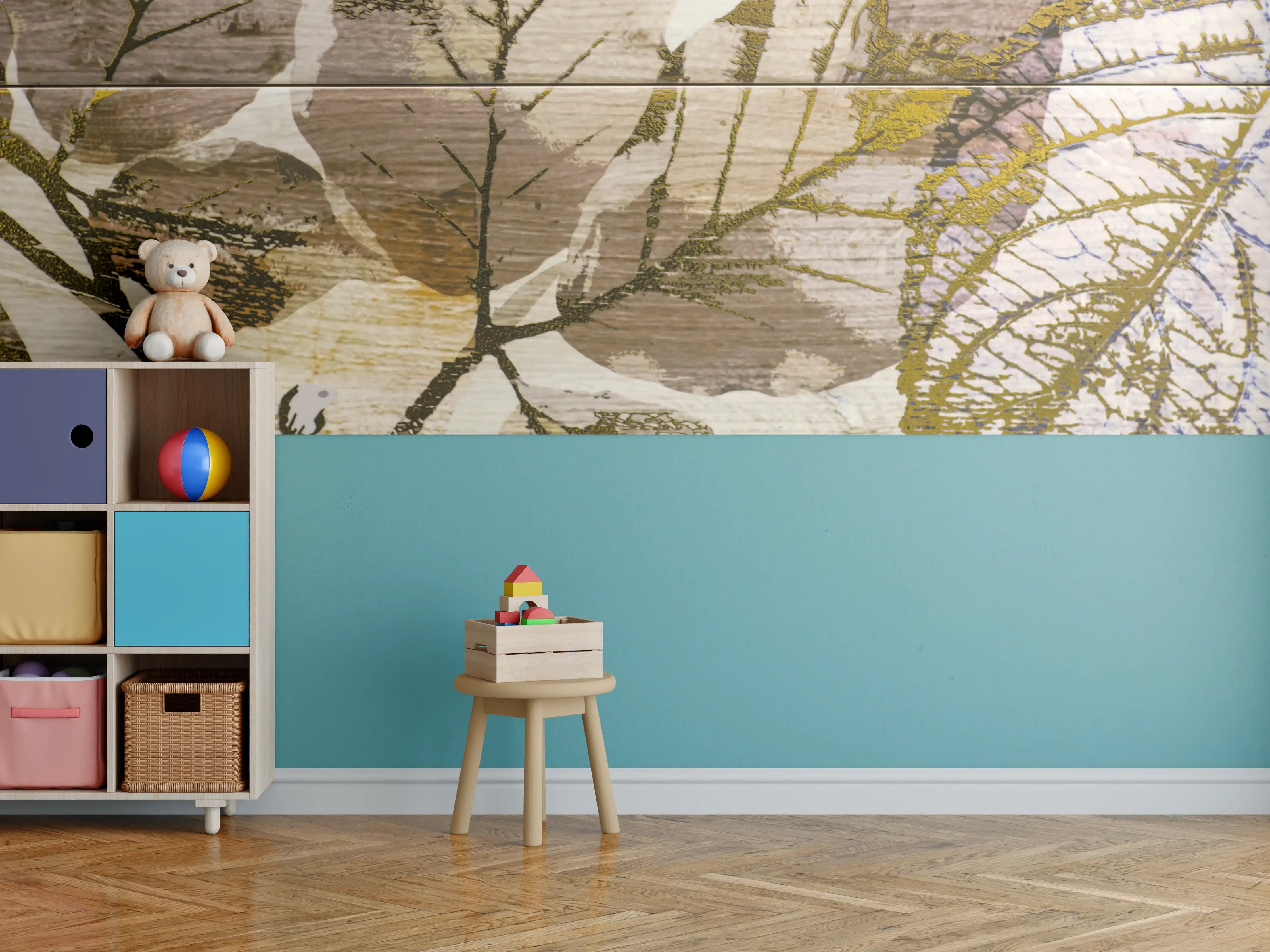 Kinderzimmer Wandgestaltung - Keramikfliesen Blattmuster Beige