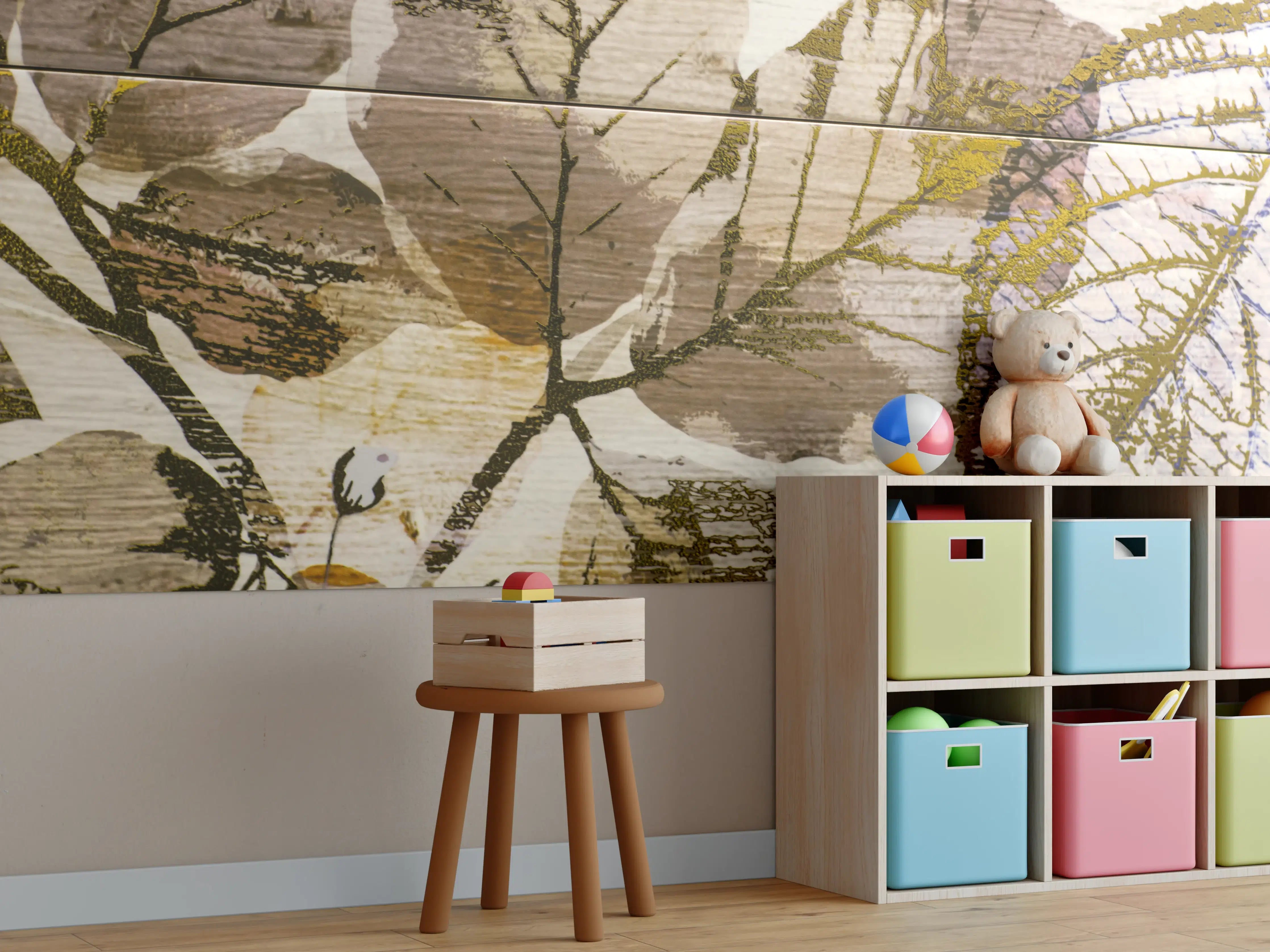 Kinderzimmer Wandgestaltung - Keramikfliesen Blattmuster Beige