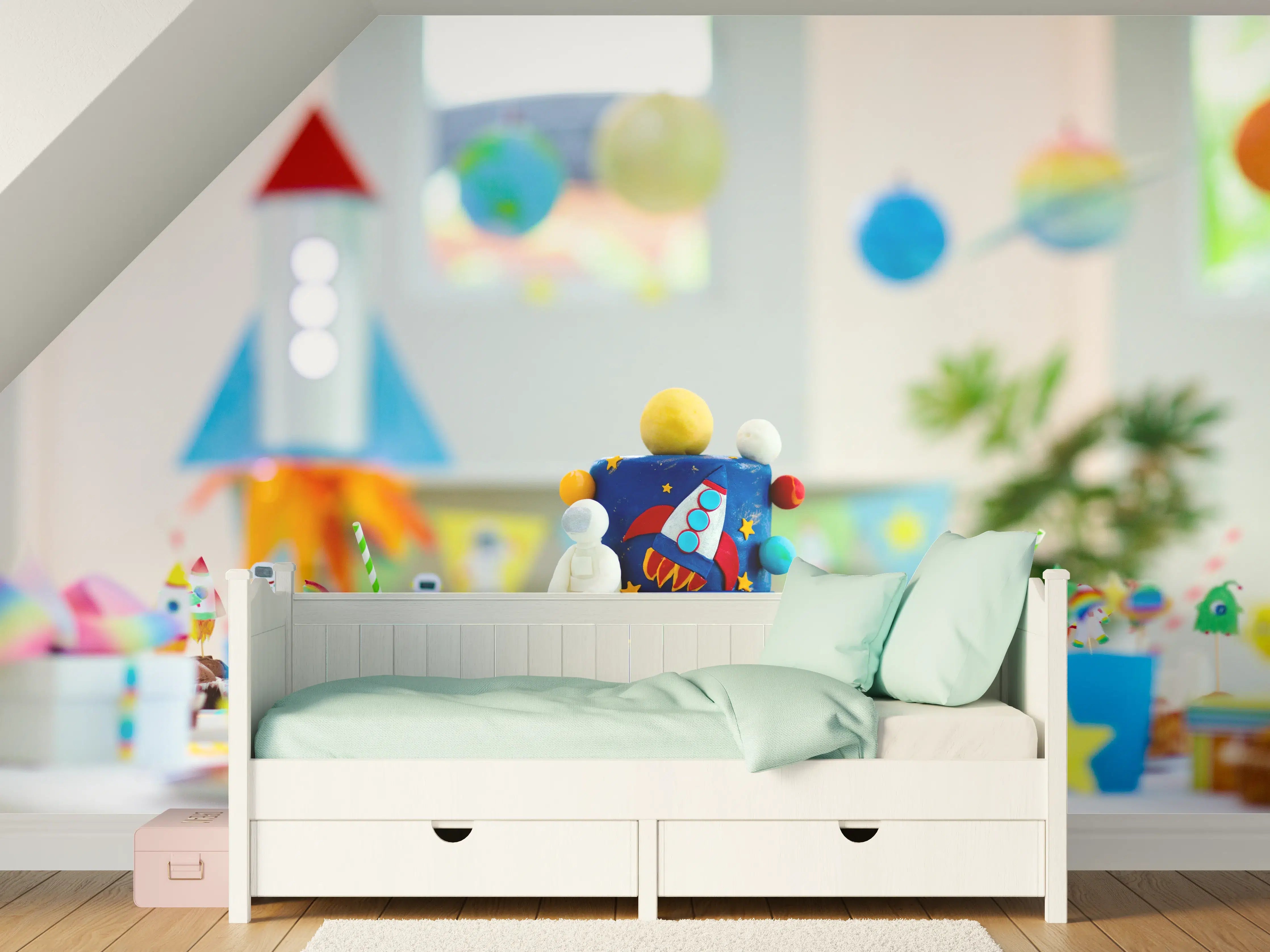 Kinderzimmer Wandgestaltung - Kindergeburtstagsfeier zum Thema Weltraum mit Kuchen.