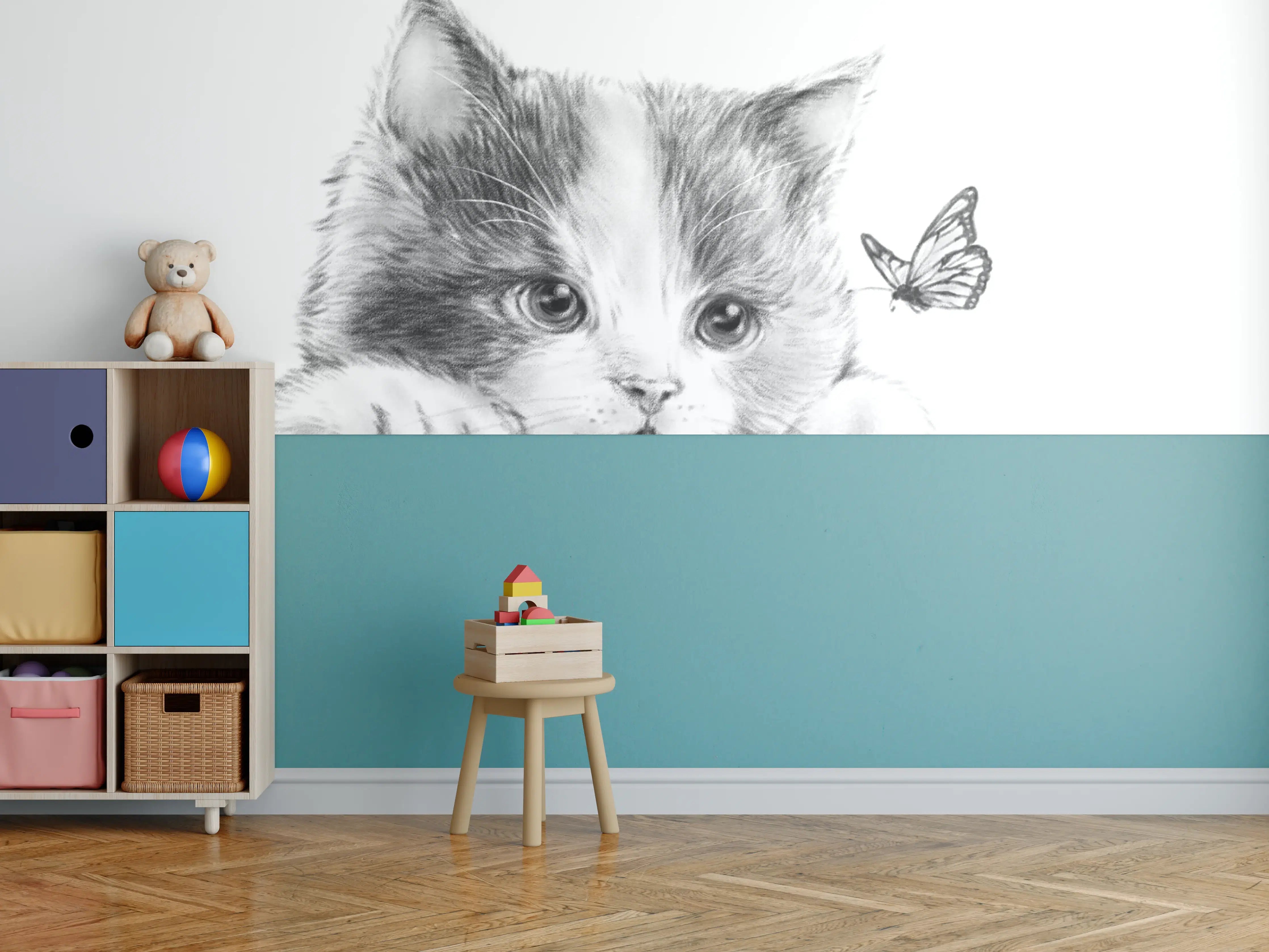 Kinderzimmer Wandgestaltung - Kindermotiv einer Katze - schwarz-weiß
