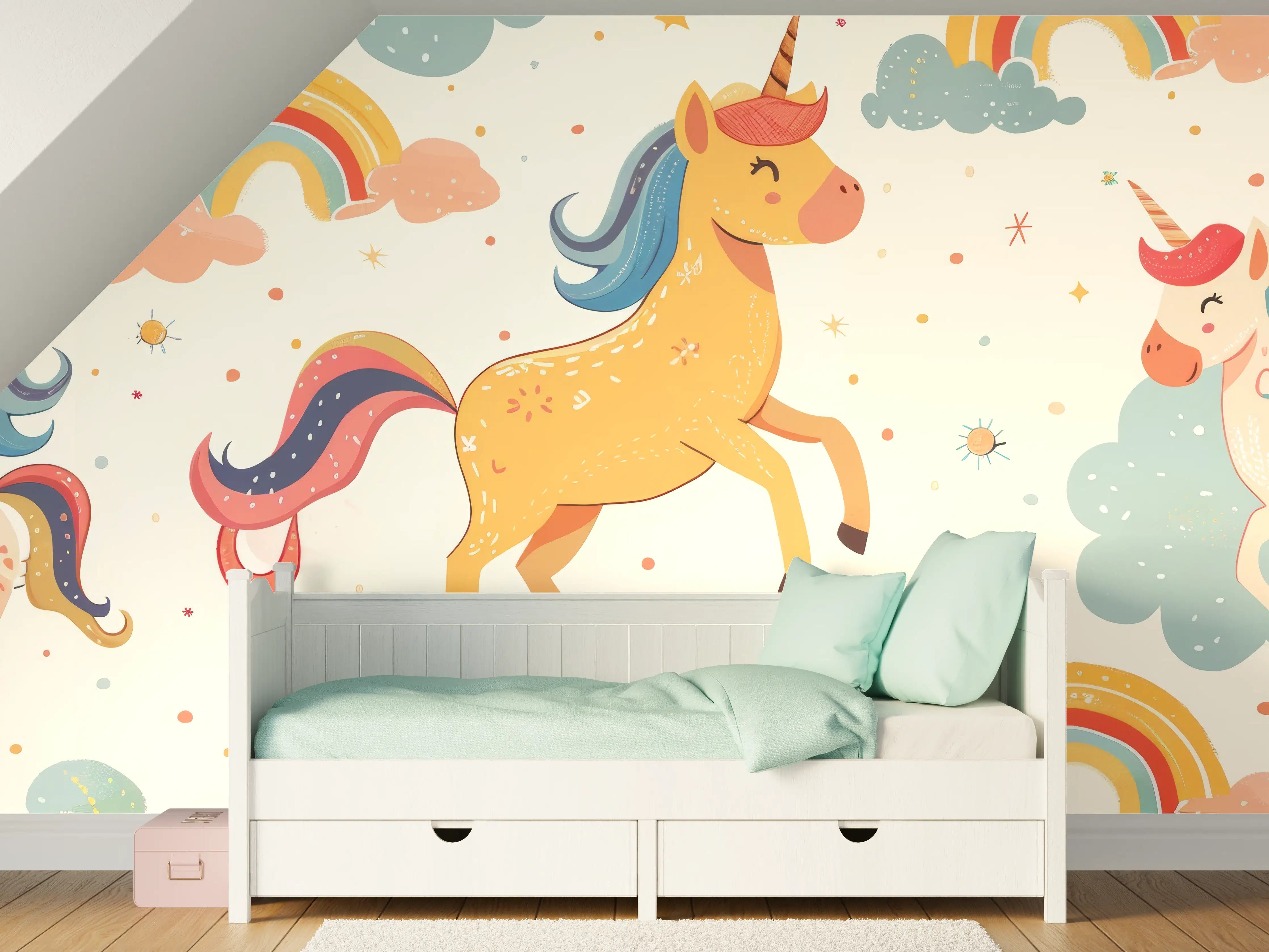 Kinderzimmer Wandgestaltung - Kinderzimmer Zauberhafte Einhorn-Wandgestaltung mit Regenbögen