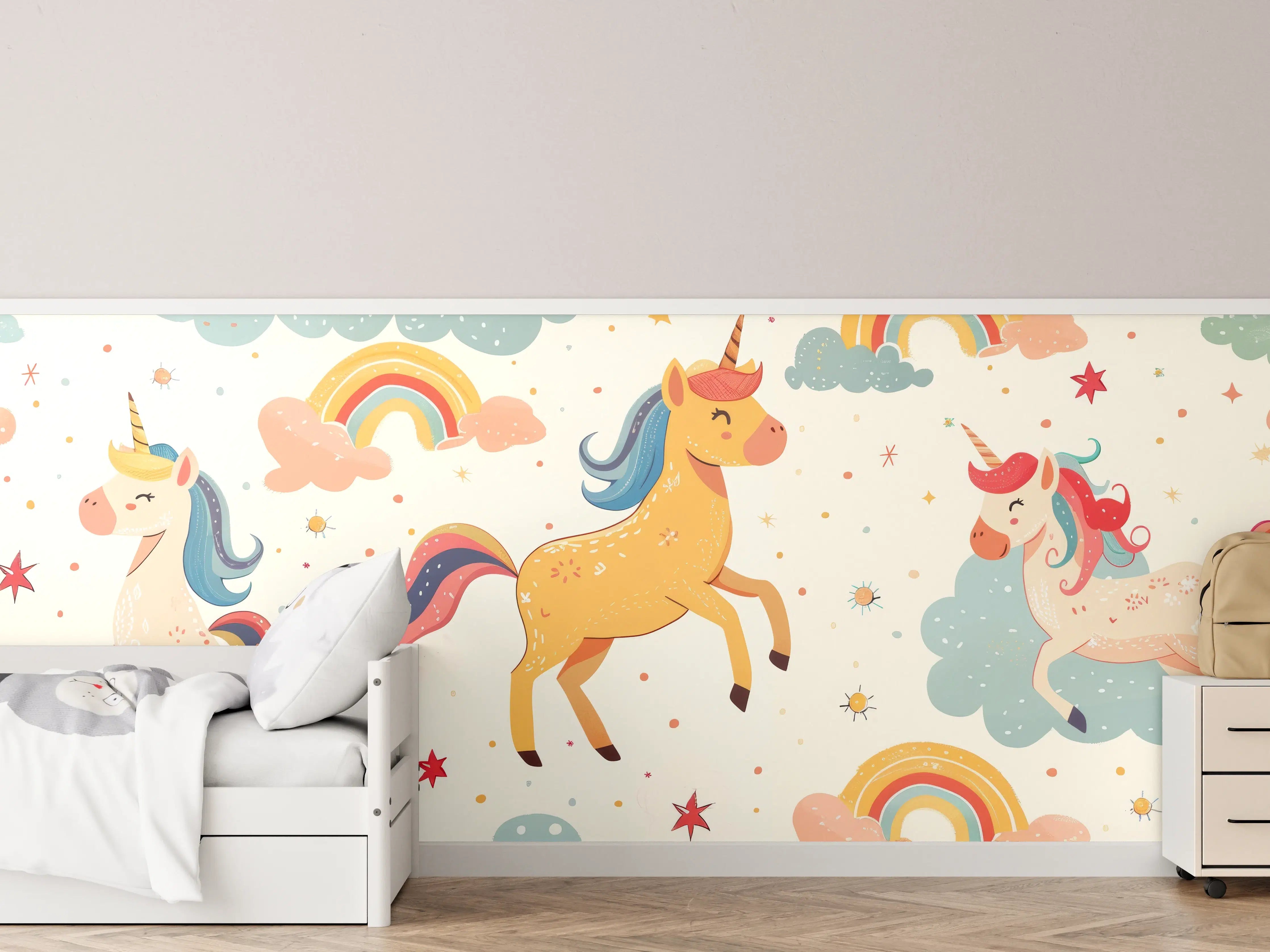 Kinderzimmer Wandgestaltung - Kinderzimmer Zauberhafte Einhorn-Wandgestaltung mit Regenbögen