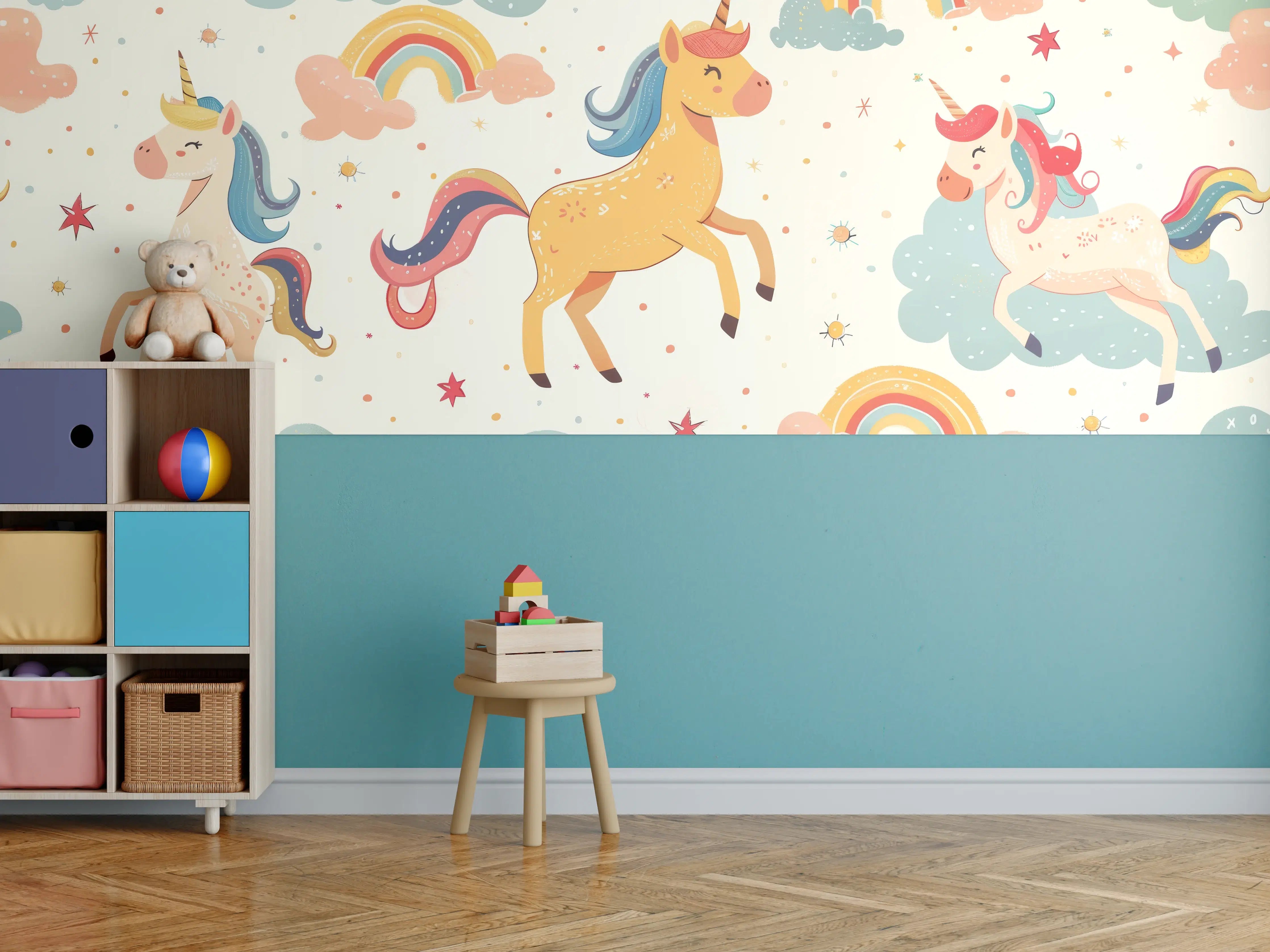 Kinderzimmer Wandgestaltung - Kinderzimmer Zauberhafte Einhorn-Wandgestaltung mit Regenbögen