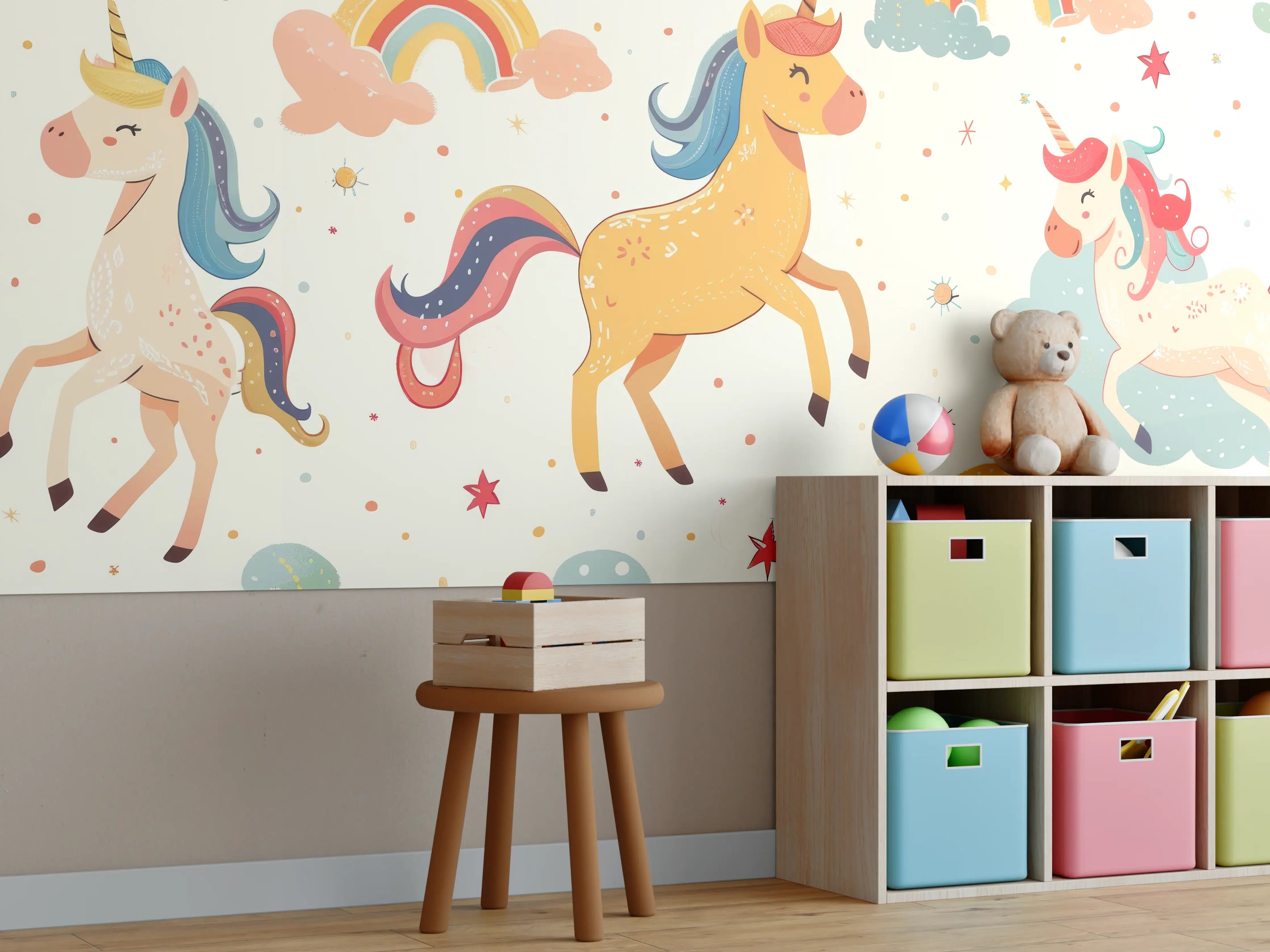 Kinderzimmer Wandgestaltung - Kinderzimmer Zauberhafte Einhorn-Wandgestaltung mit Regenbögen