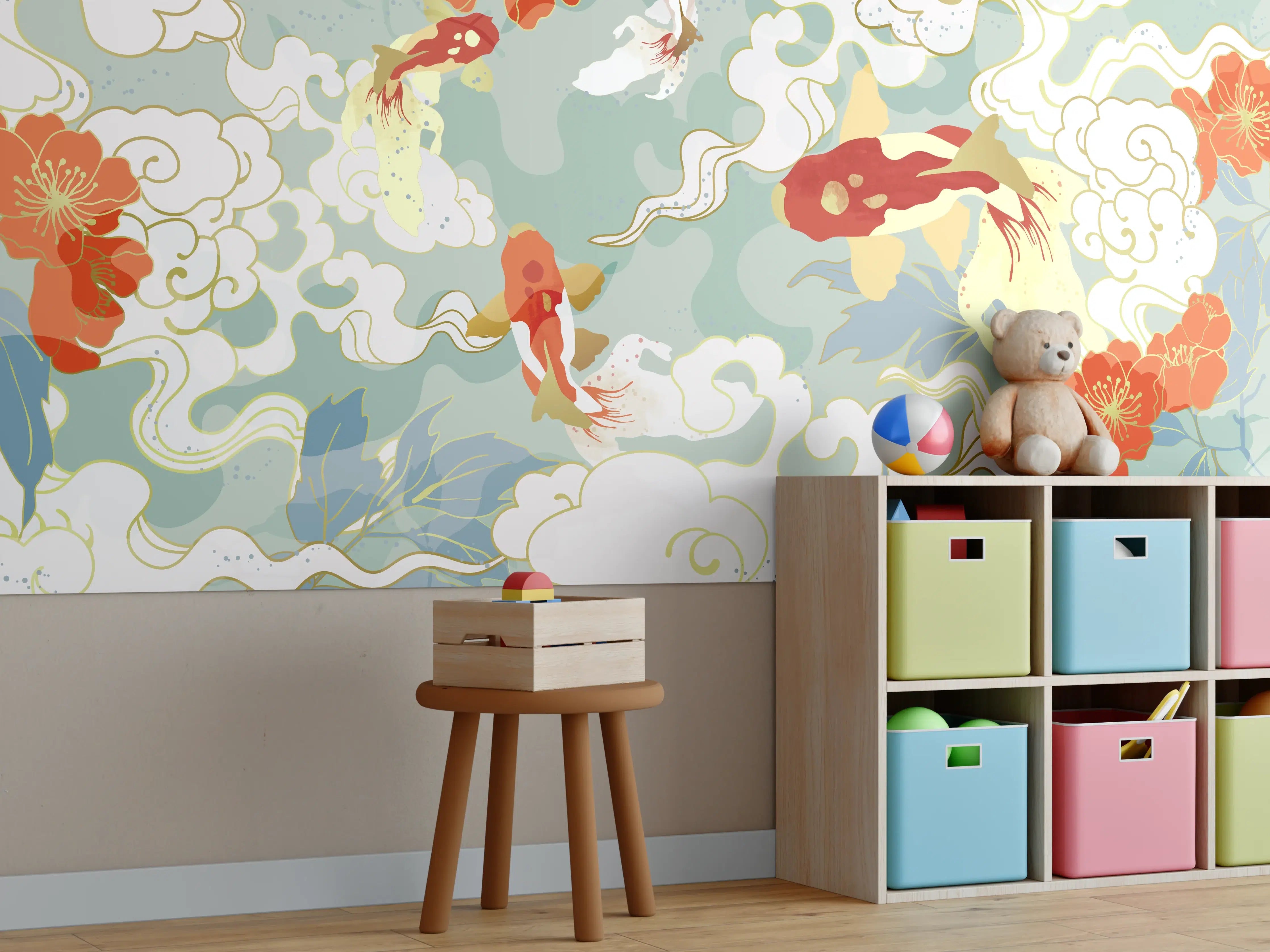 Kinderzimmer Wandgestaltung - Koi-Fisch Muster Pastell