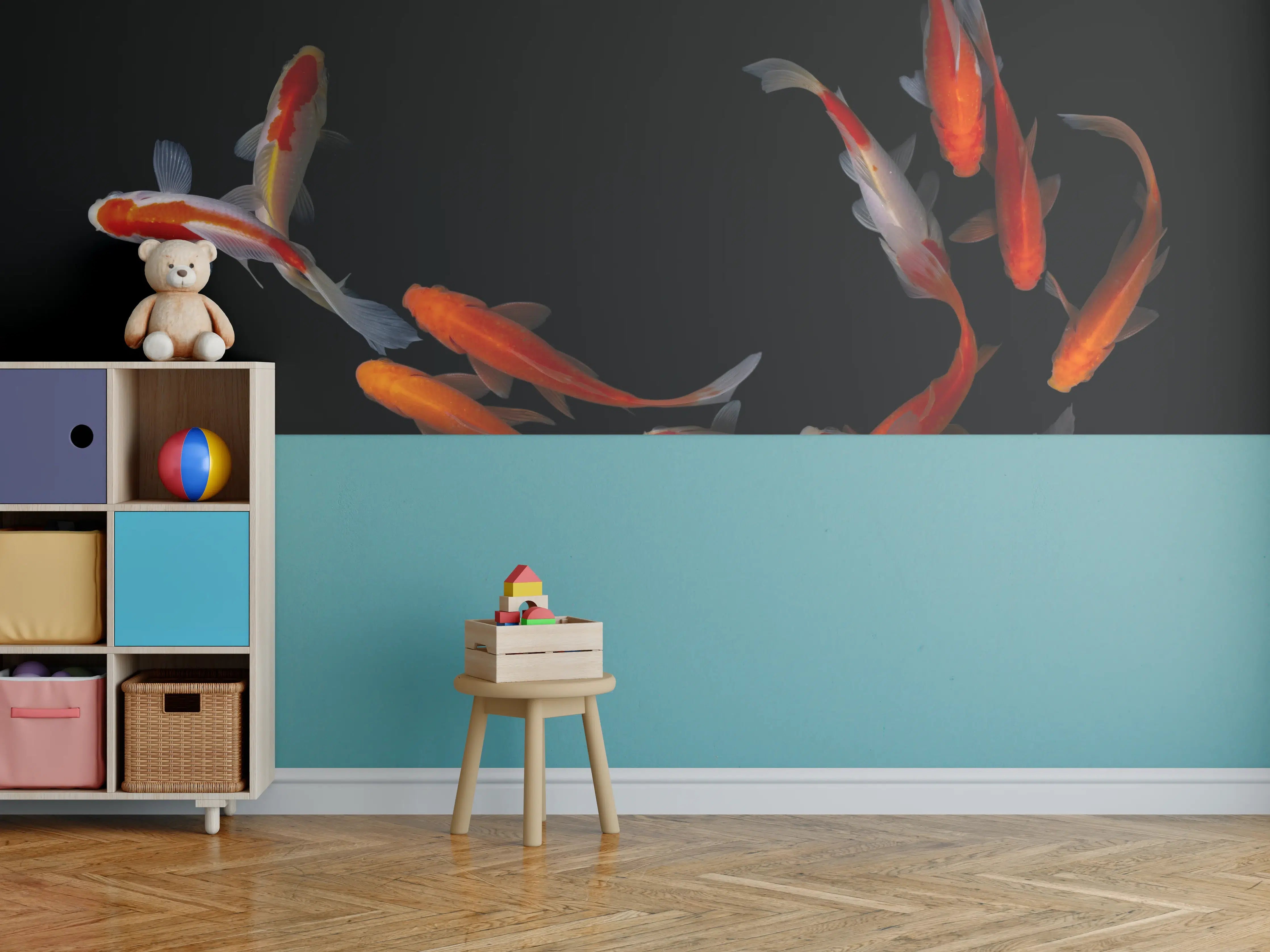 Kinderzimmer Wandgestaltung - Koi Fische auf schwarzem Hintergrund