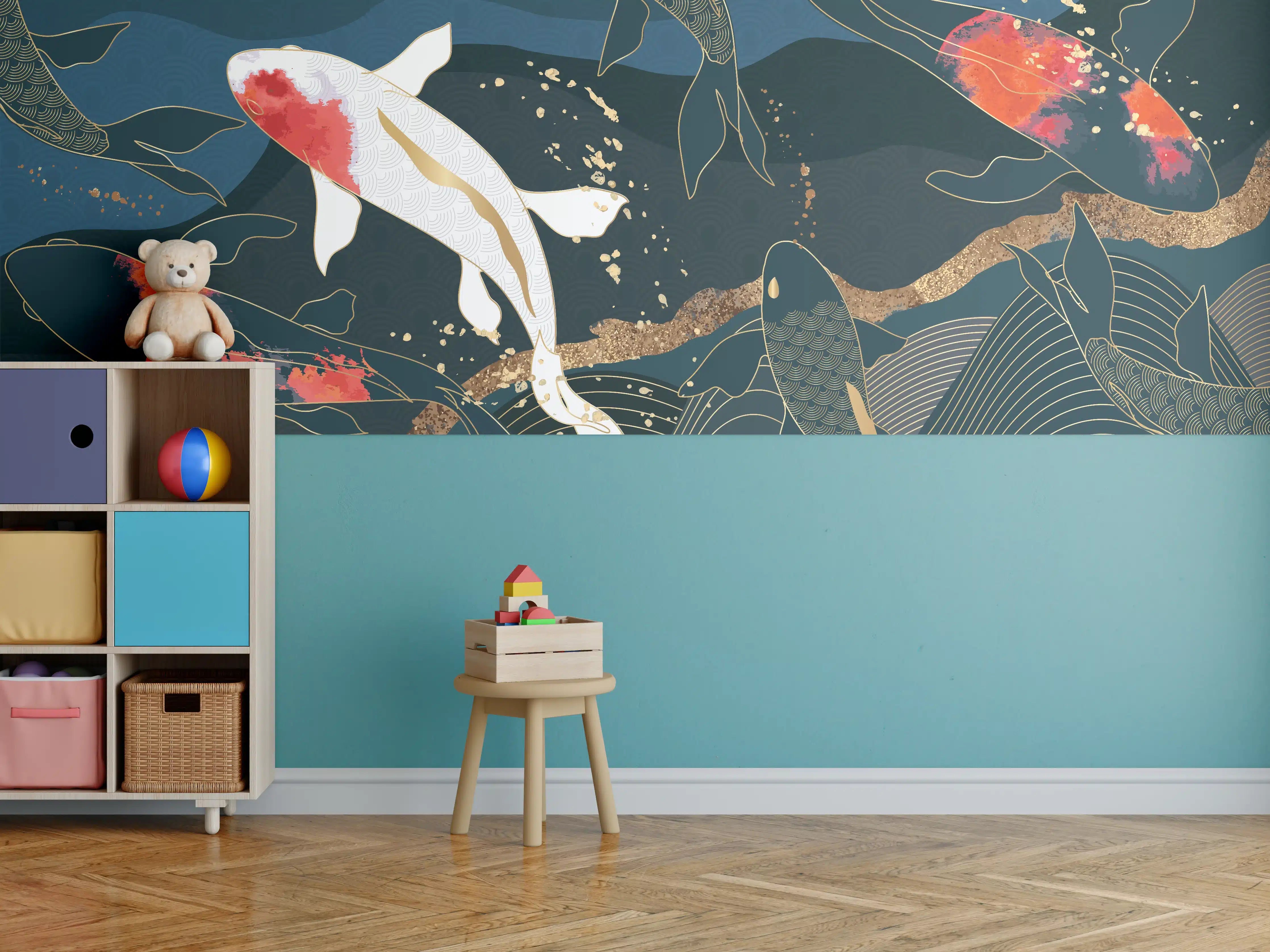 Kinderzimmer Wandgestaltung - Koi-Fische im Wasser mit Pflanzen und Goldakzenten