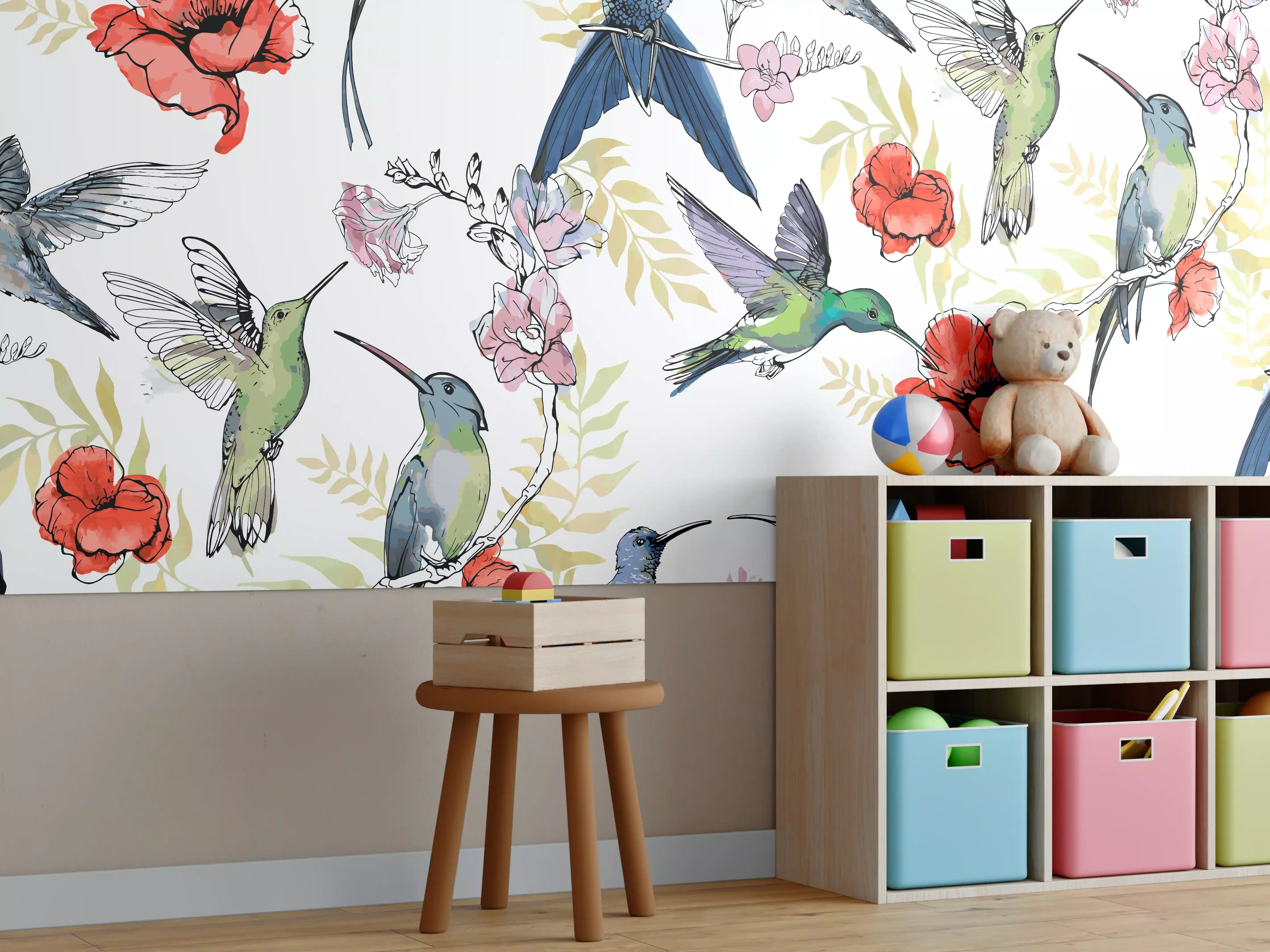 Kinderzimmer Wandgestaltung - Kolibri-Blumen-Muster Textil