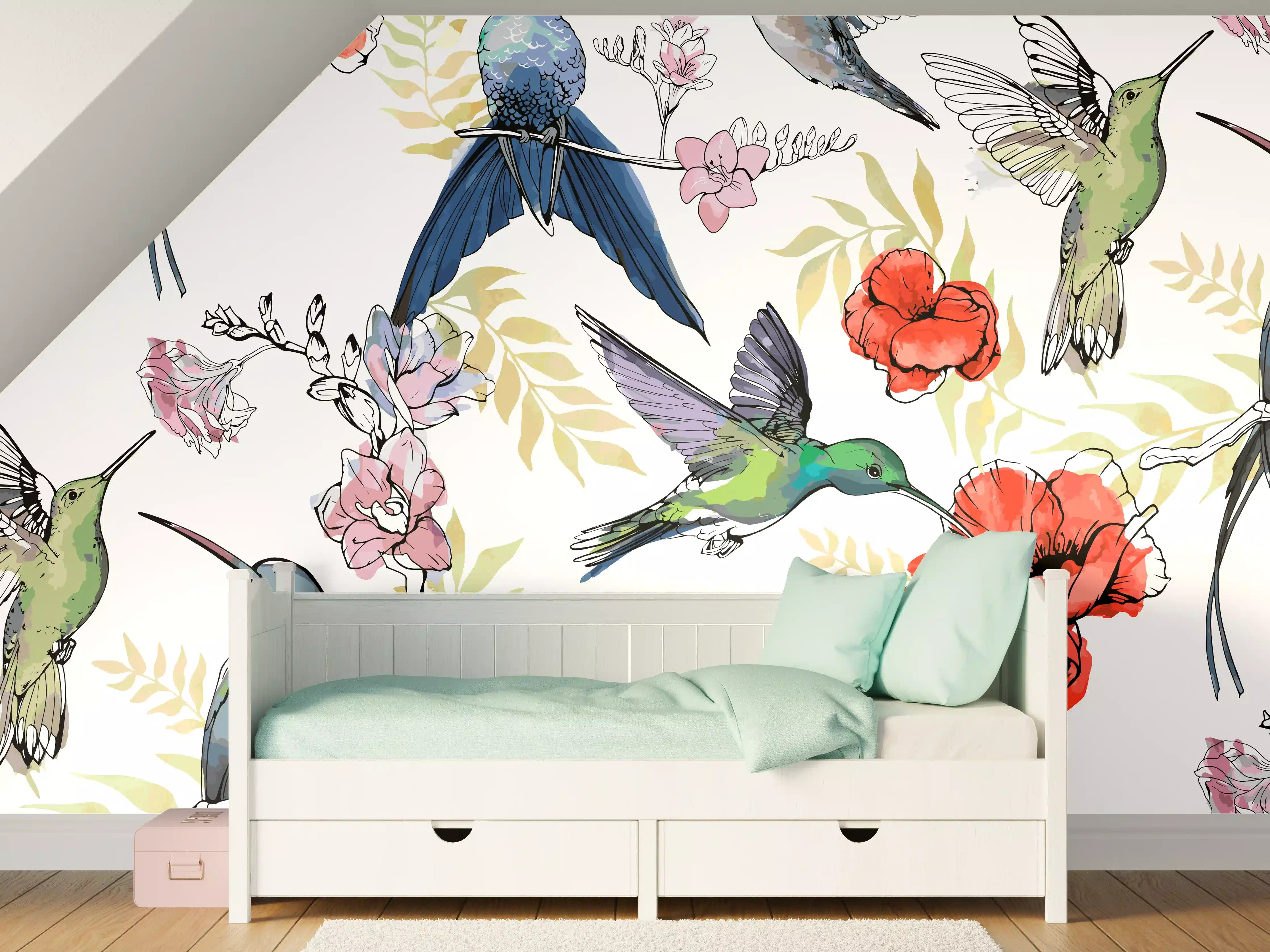 Kinderzimmer Wandgestaltung - Kolibri Blumenmuster Design