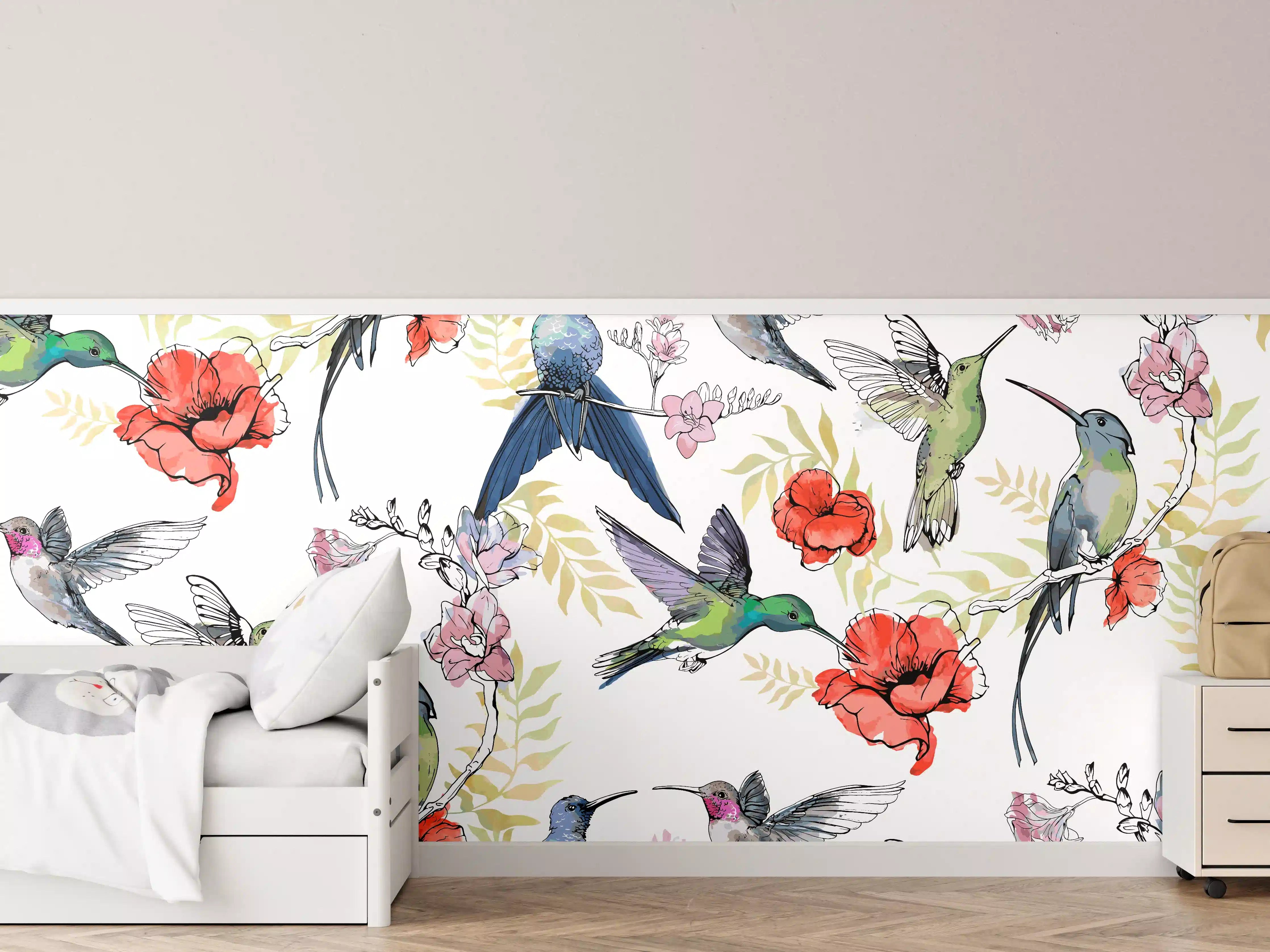 Kinderzimmer Wandgestaltung - Kolibri Blumenmuster Design