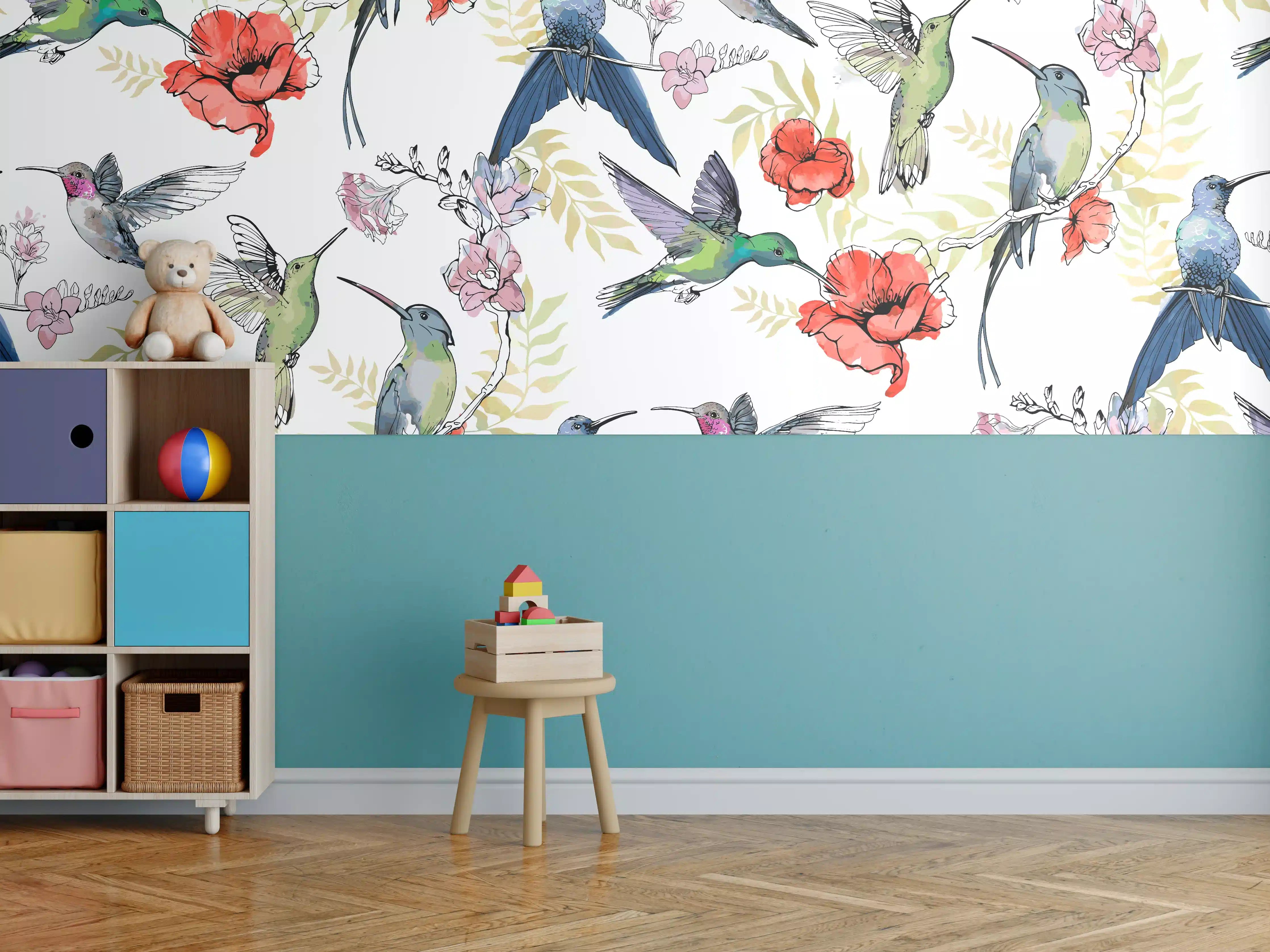 Kinderzimmer Wandgestaltung - Kolibri Blumenmuster Design