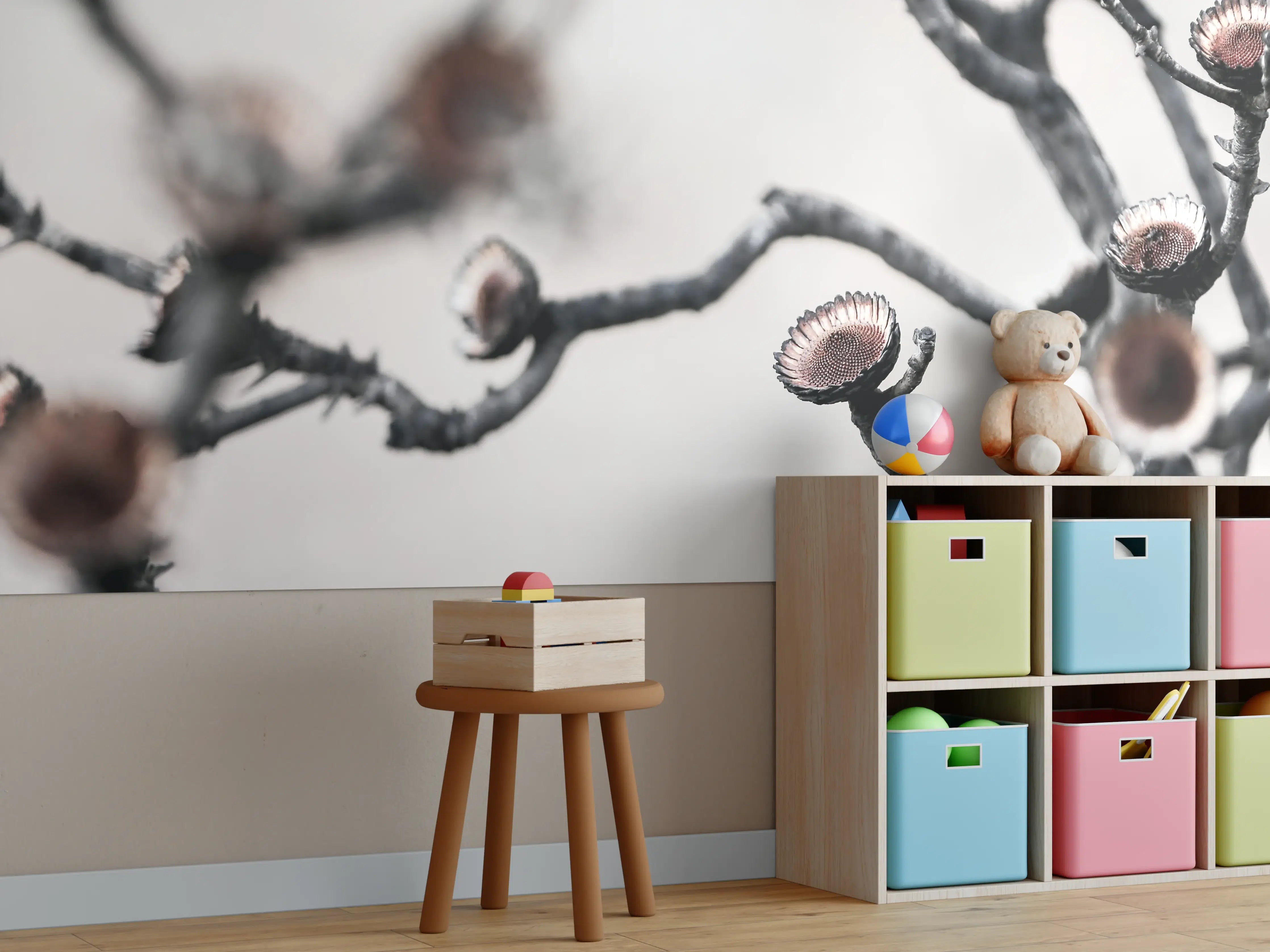Kinderzimmer Wandgestaltung - Kontrastreiches Ast-Motiv