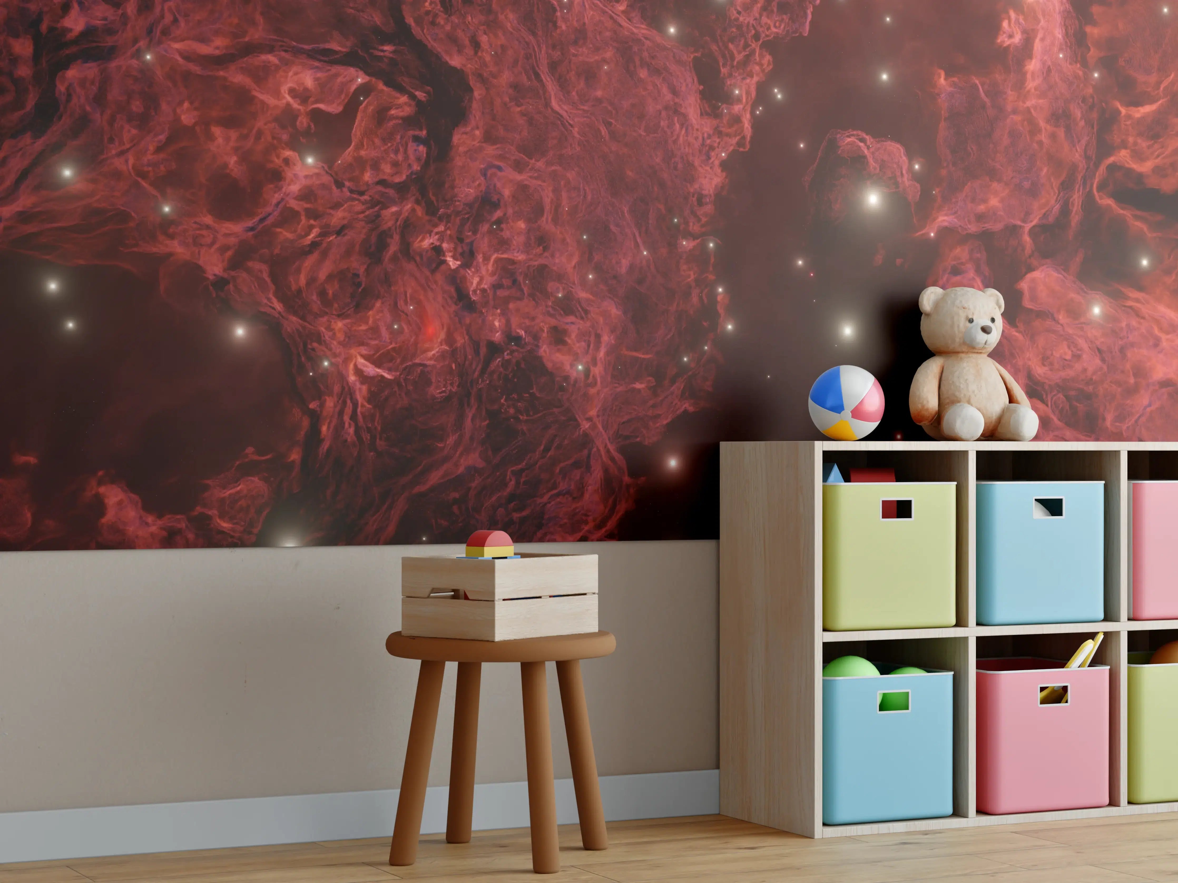 Kinderzimmer Wandgestaltung - Kosmischer Nebel in tiefem Rot mit Sternenlichtern