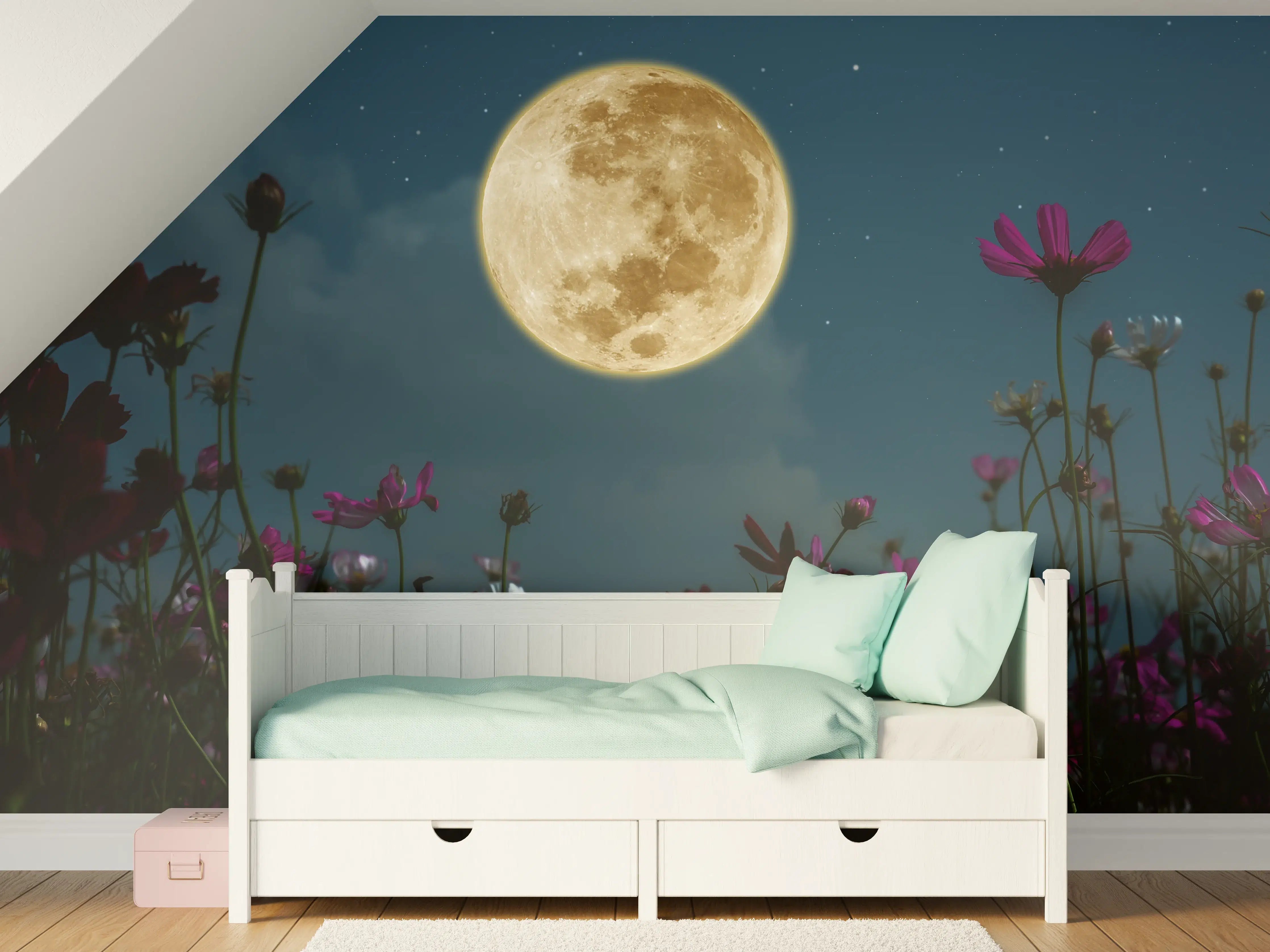 Kinderzimmer Wandgestaltung - Kosmosblüten bei Vollmond