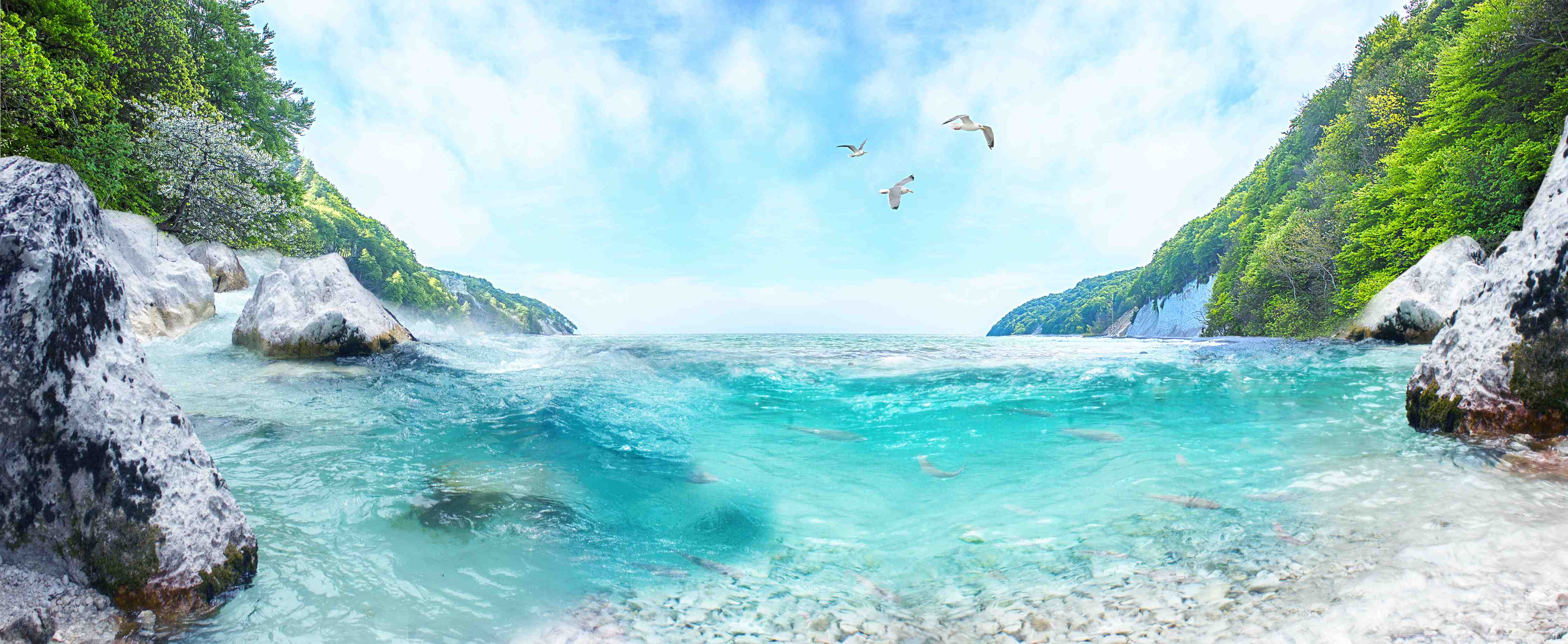 Kinderzimmer Wandgestaltung-Kristallklares Flussbild mit grünen Ufern