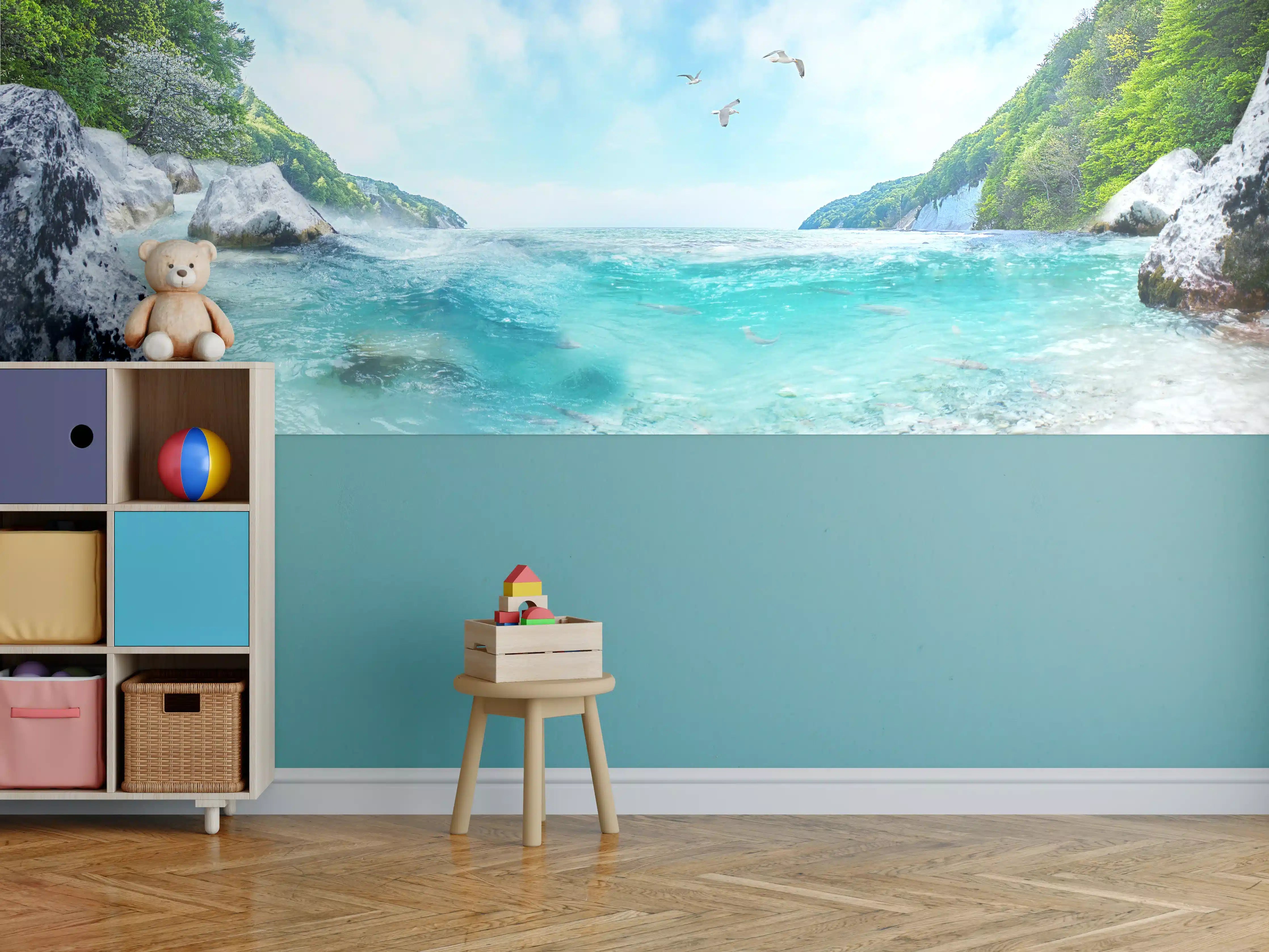 Kinderzimmer Wandgestaltung - Kristallklares Flussbild mit grünen Ufern