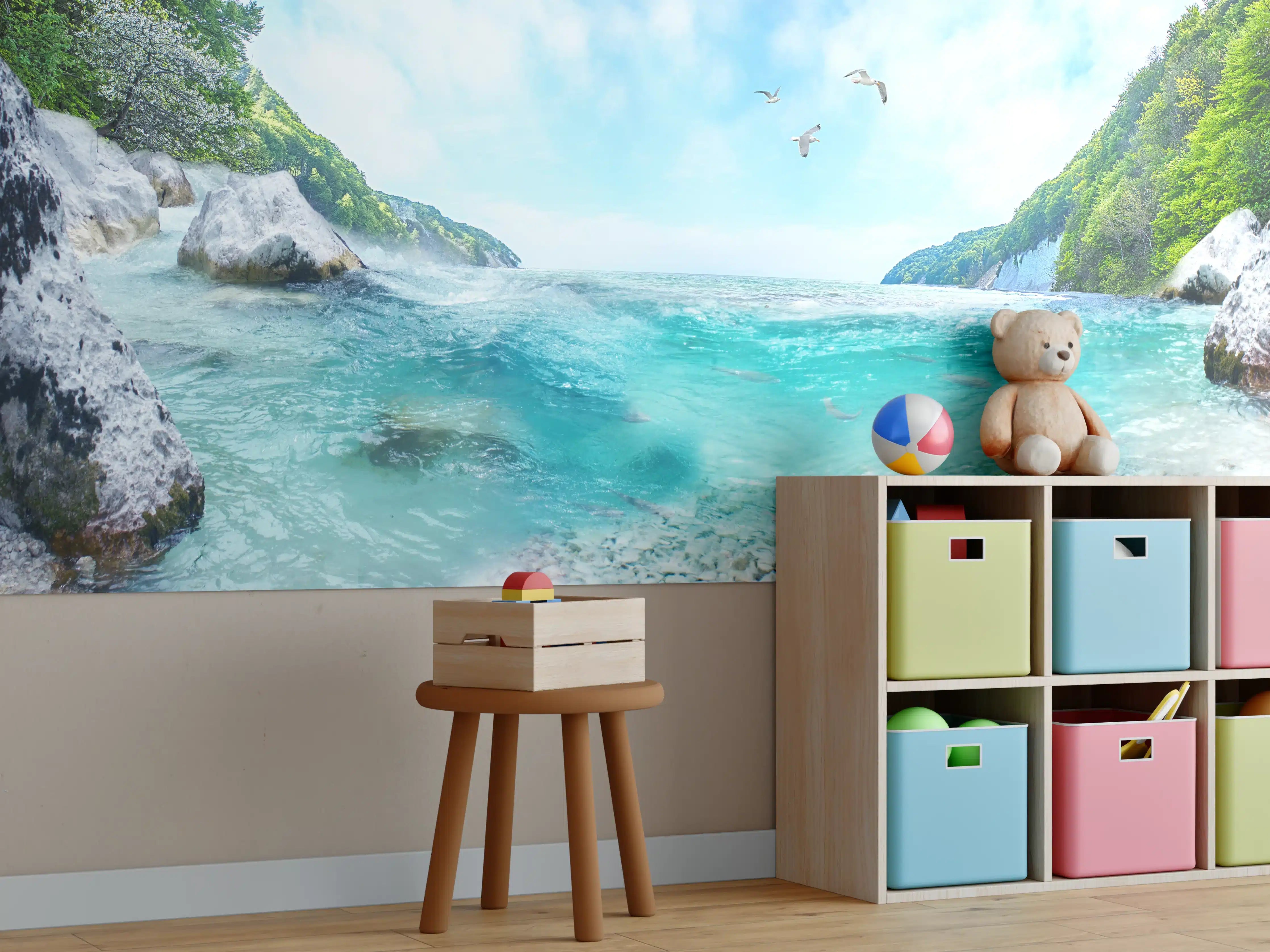 Kinderzimmer Wandgestaltung - Kristallklares Flussbild mit grünen Ufern