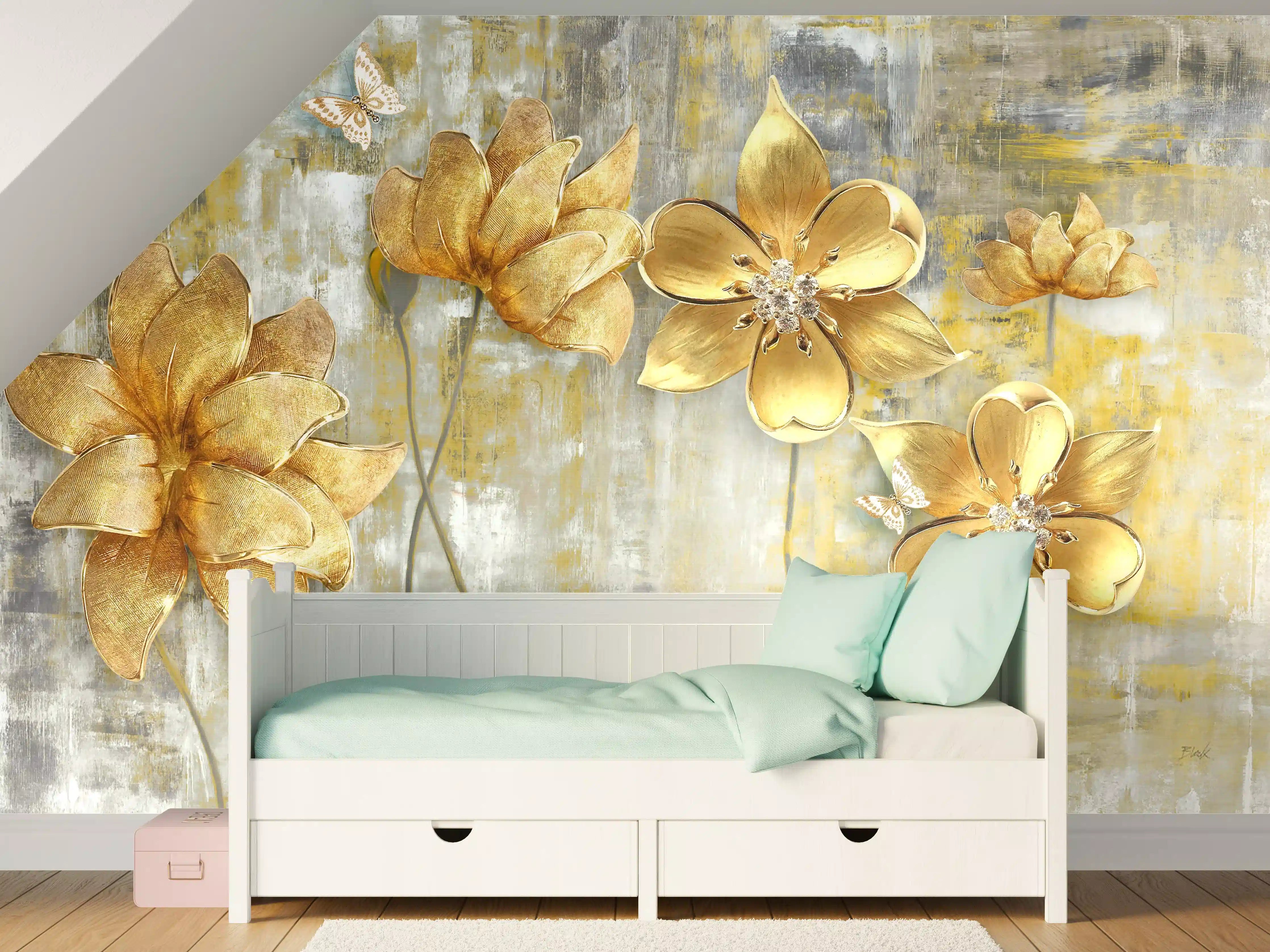 Kinderzimmer Wandgestaltung - Künstlerische Blattgold-Blumen