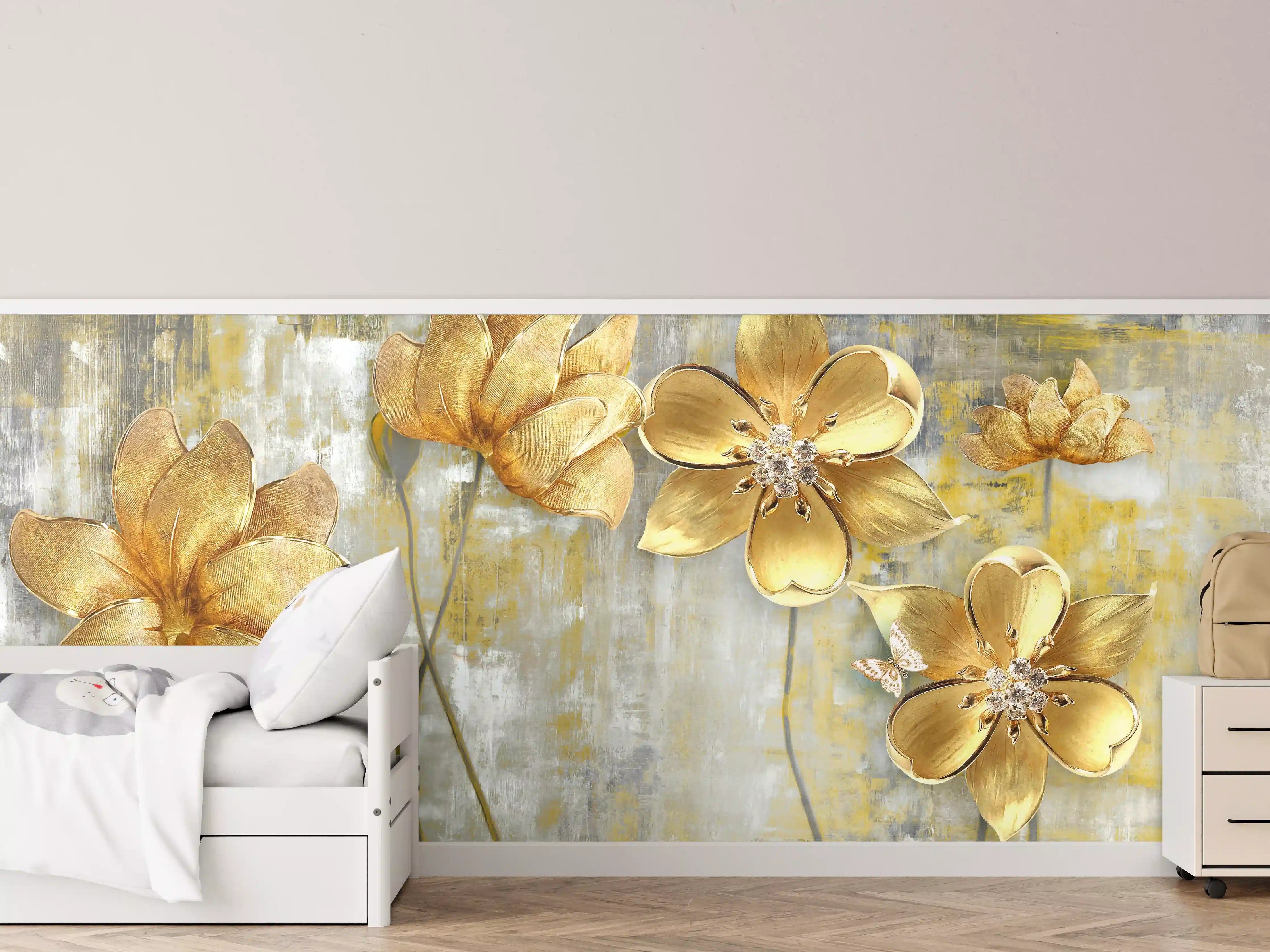 Kinderzimmer Wandgestaltung - Künstlerische Blattgold-Blumen