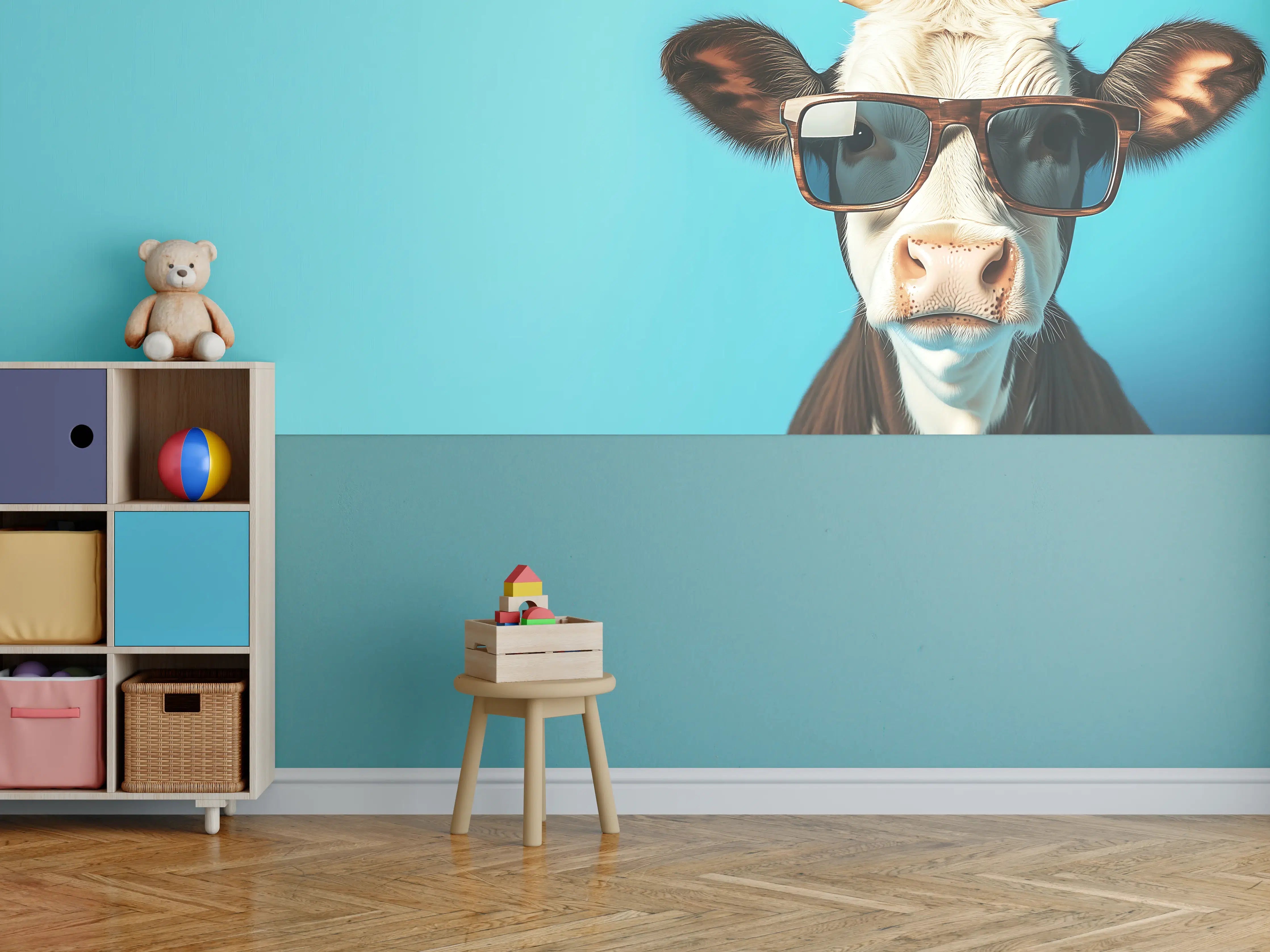 Kinderzimmer Wandgestaltung - Kuh mit Sonnenbrille, Türkis