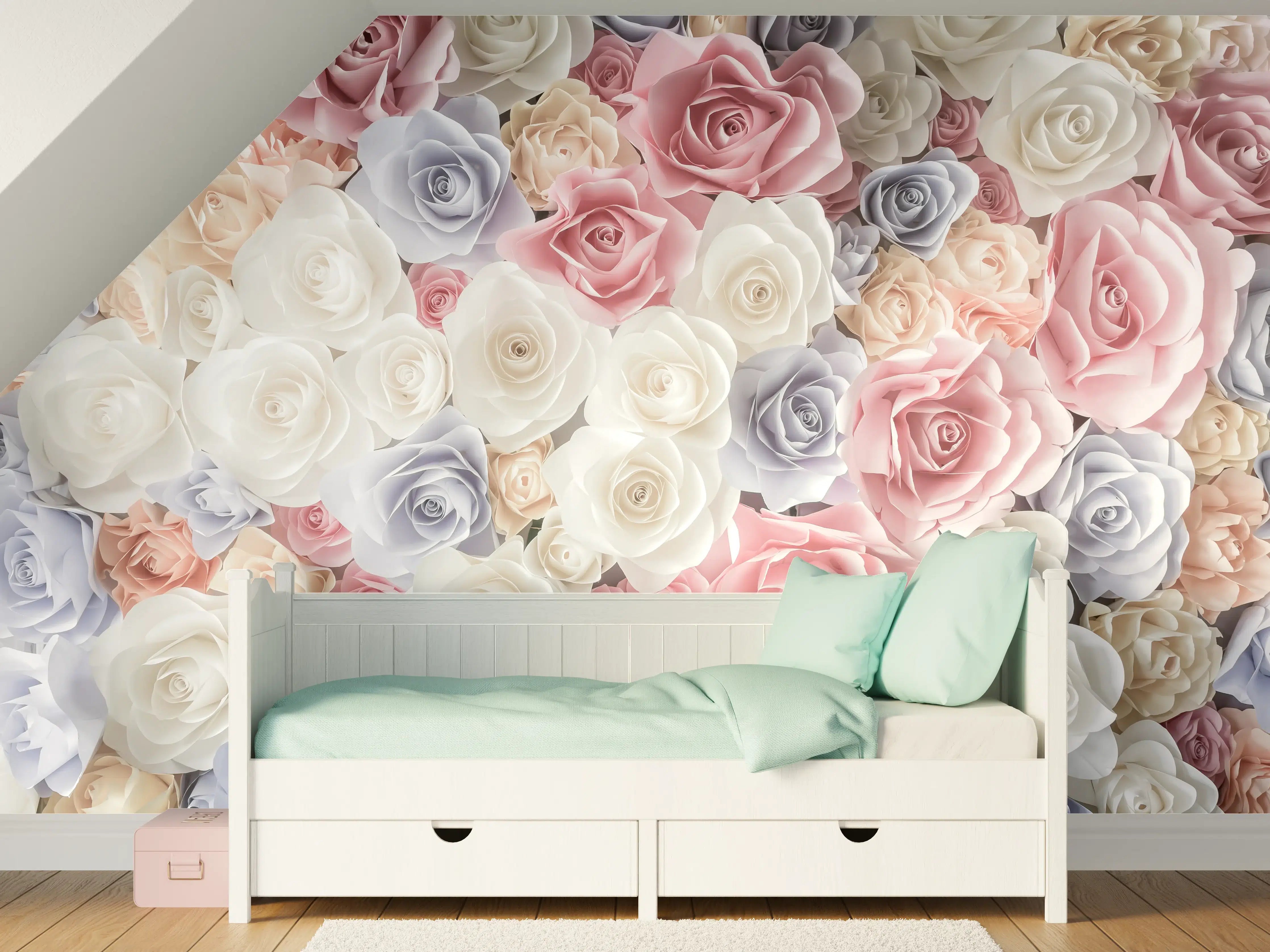 Kinderzimmer Wandgestaltung - Kulisse aus bunten Papierrosen