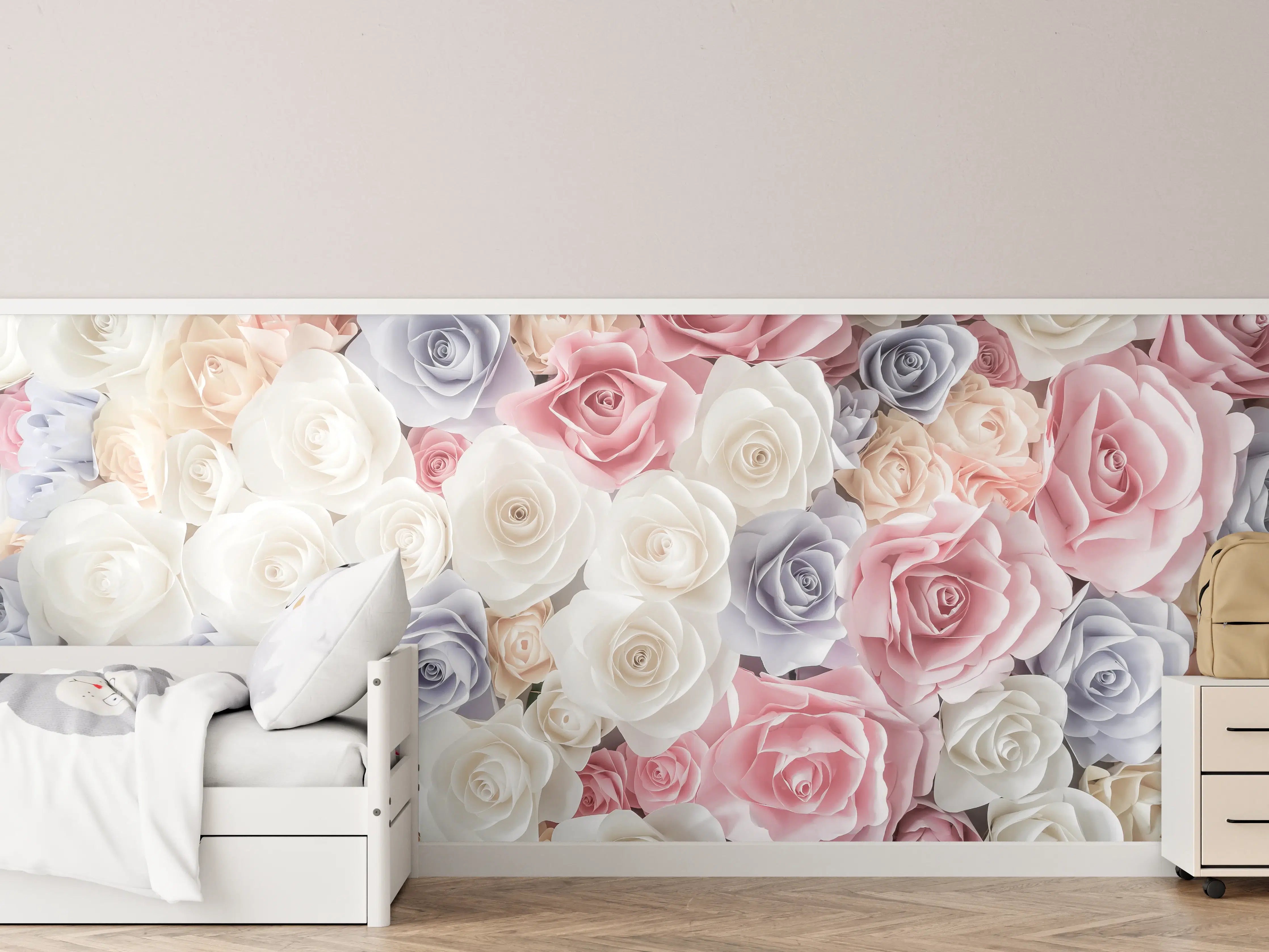 Kinderzimmer Wandgestaltung - Kulisse aus bunten Papierrosen