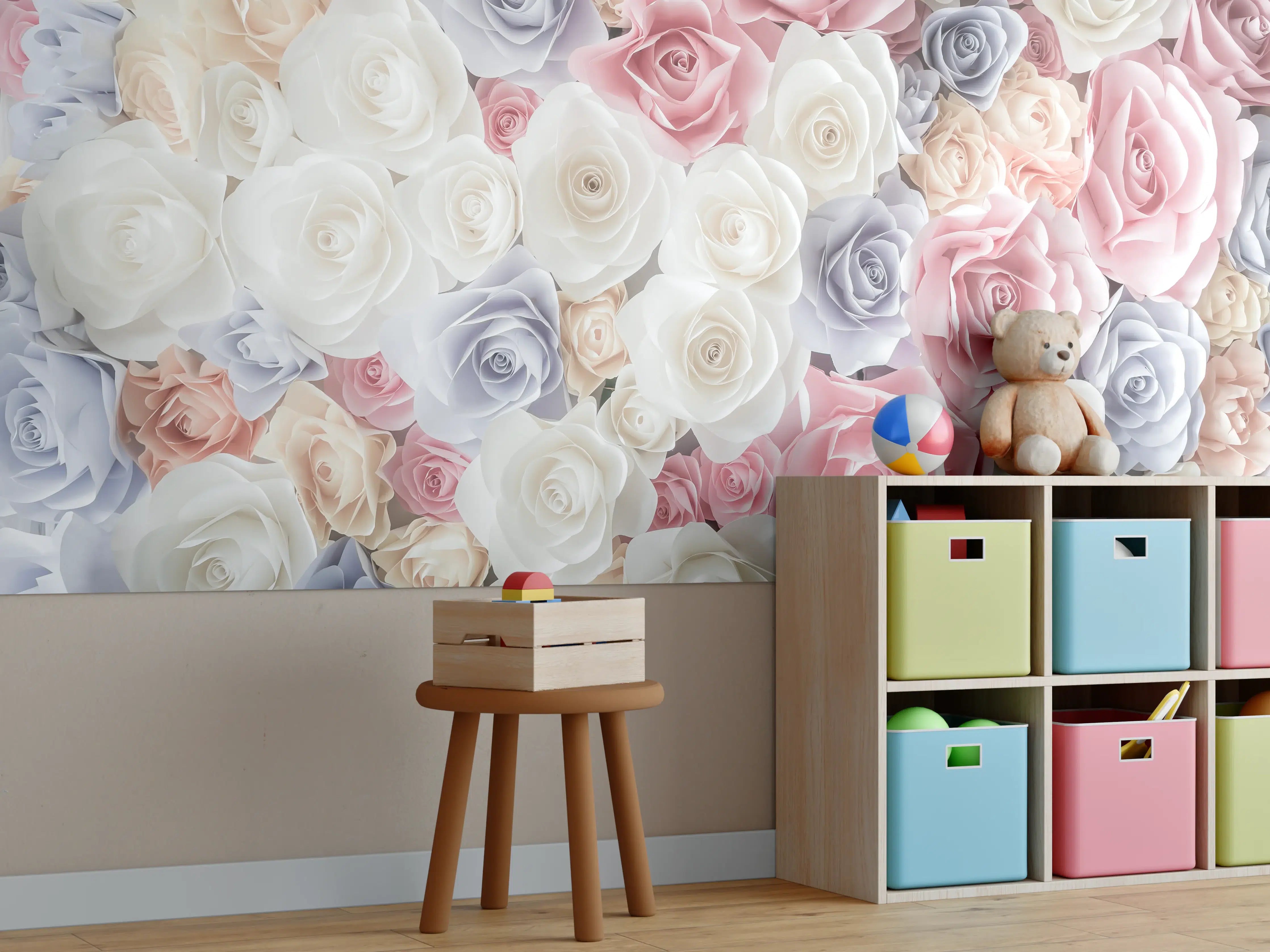 Kinderzimmer Wandgestaltung - Kulisse aus bunten Papierrosen