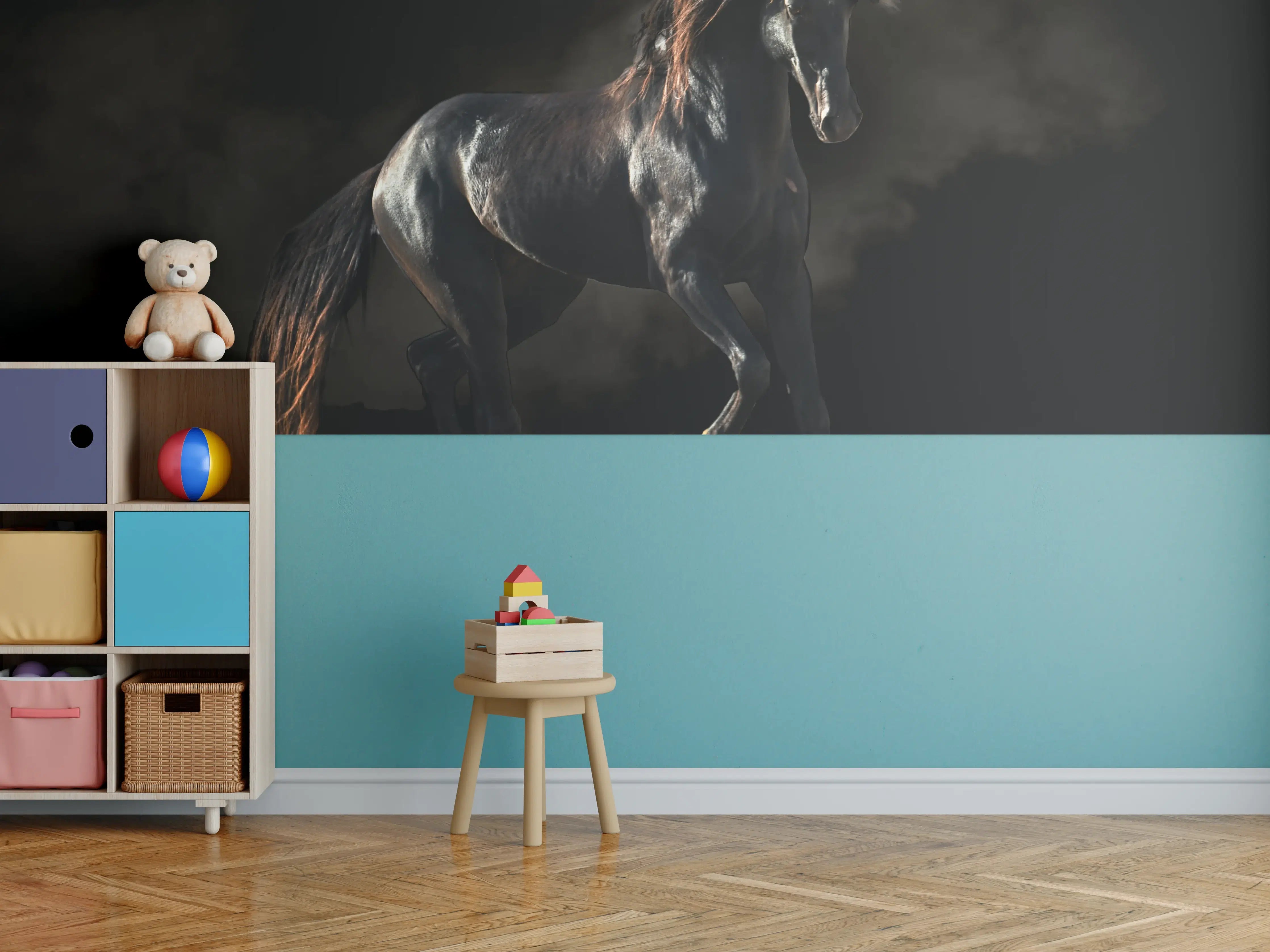 Kinderzimmer Wandgestaltung - Kunstfoto eines schwarzen Pferdes