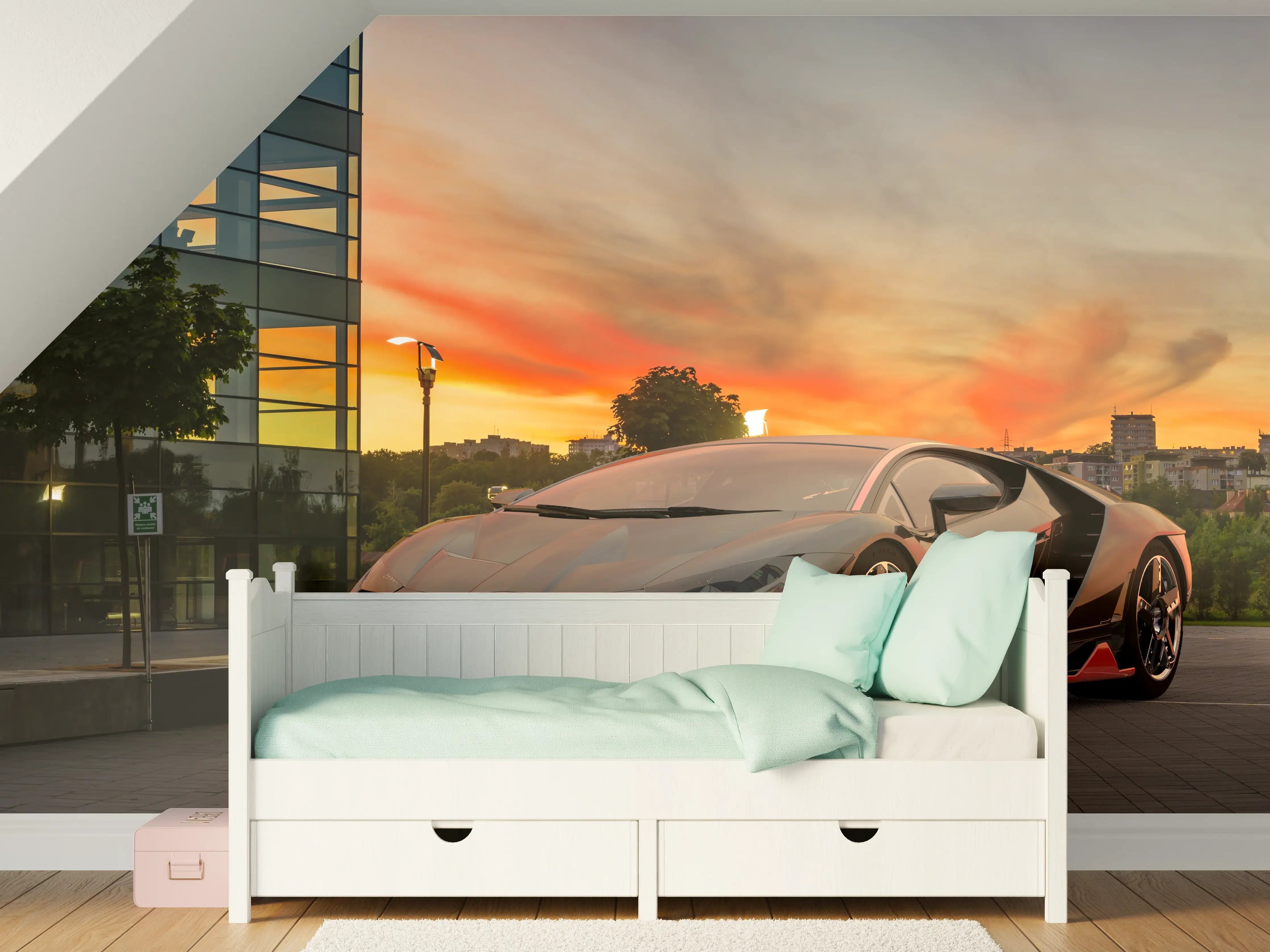 Kinderzimmer Wandgestaltung - Lamborghini Centenario bei Sonnenuntergang