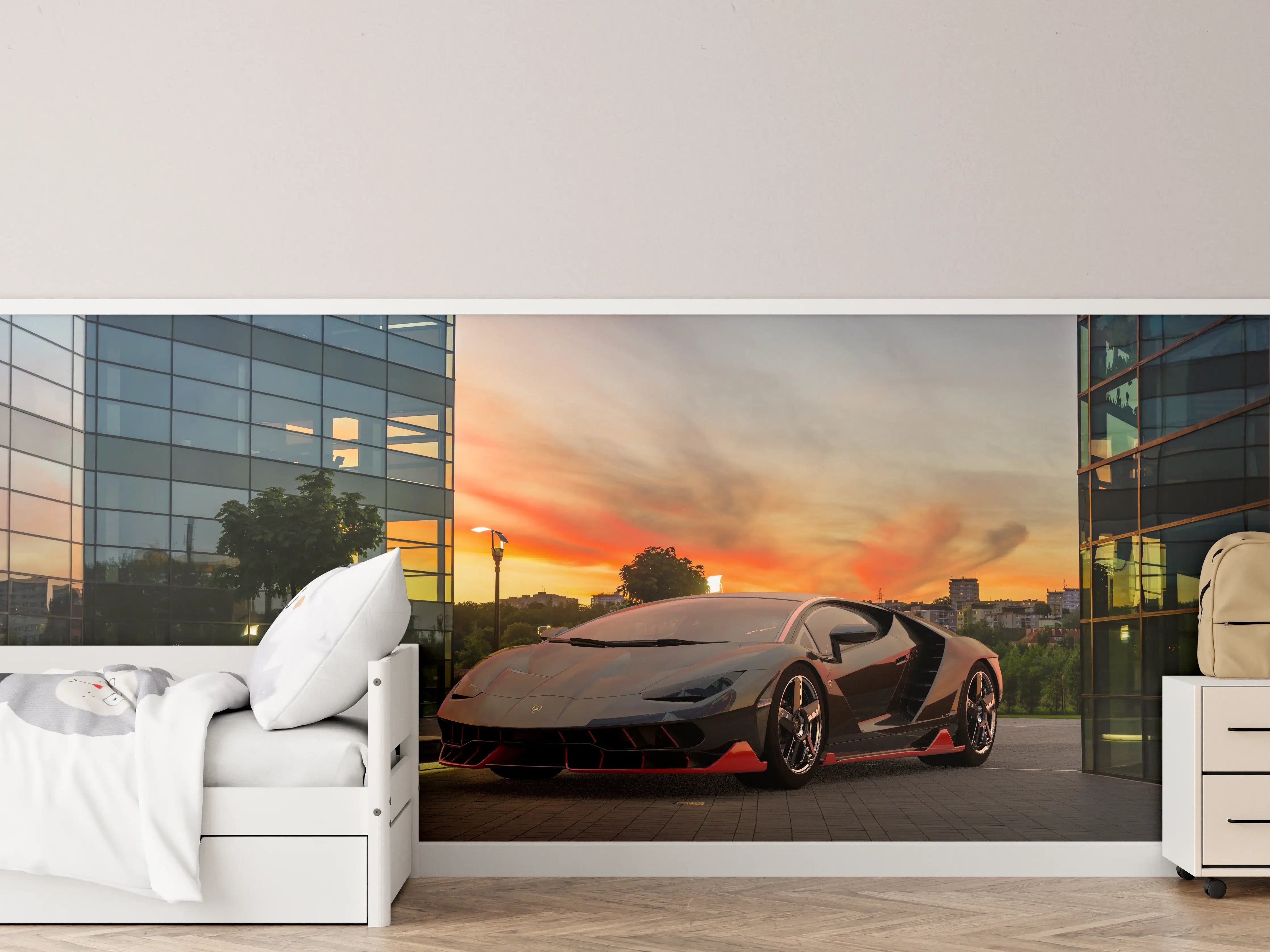 Kinderzimmer Wandgestaltung - Lamborghini Centenario bei Sonnenuntergang