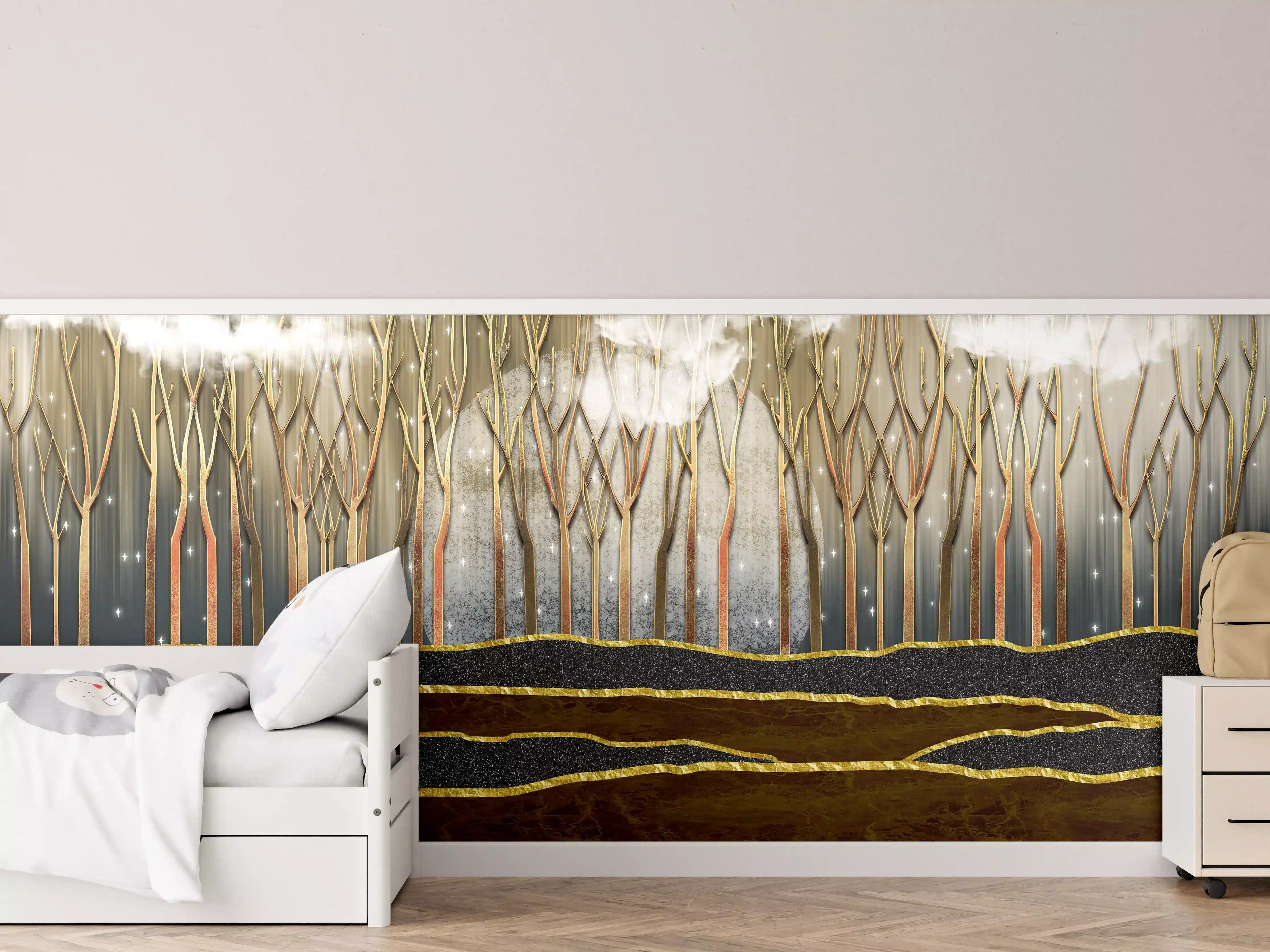 Kinderzimmer Wandgestaltung - Landschafts Kunst- goldene Bäume