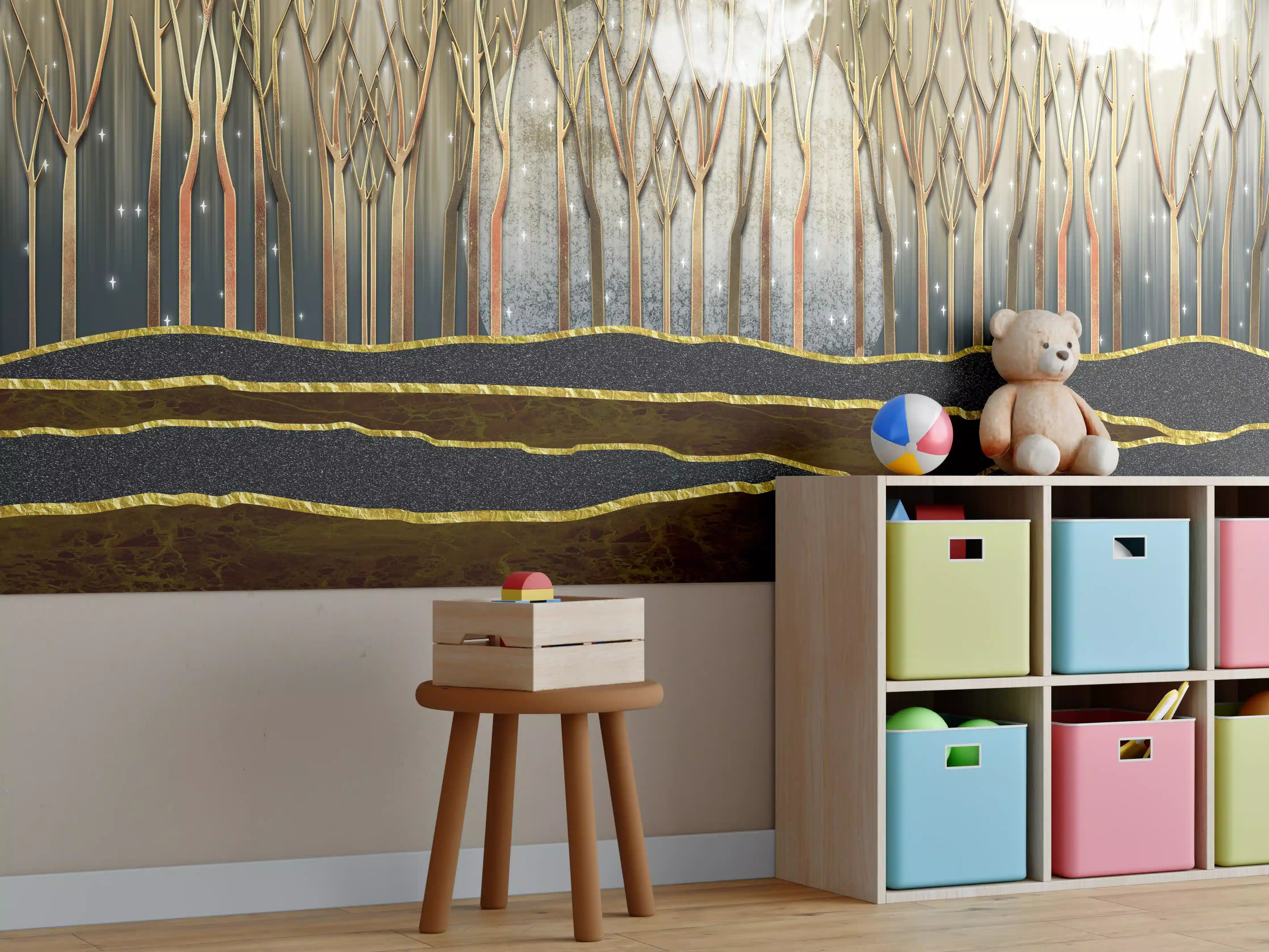 Kinderzimmer Wandgestaltung - Landschafts Kunst- goldene Bäume