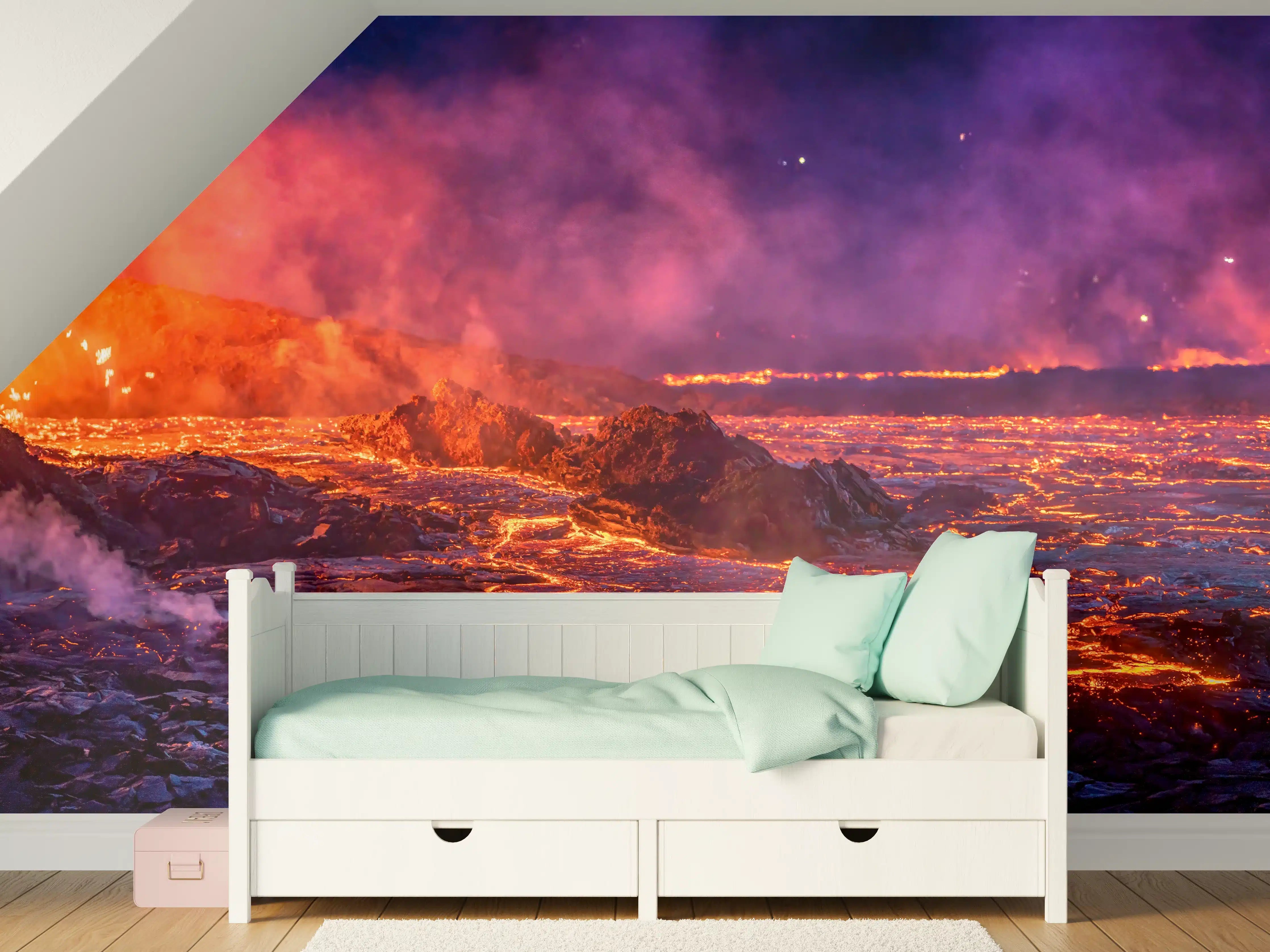 Kinderzimmer Wandgestaltung - Lavastrom aus dem ausbrechenden Vulkankrater
