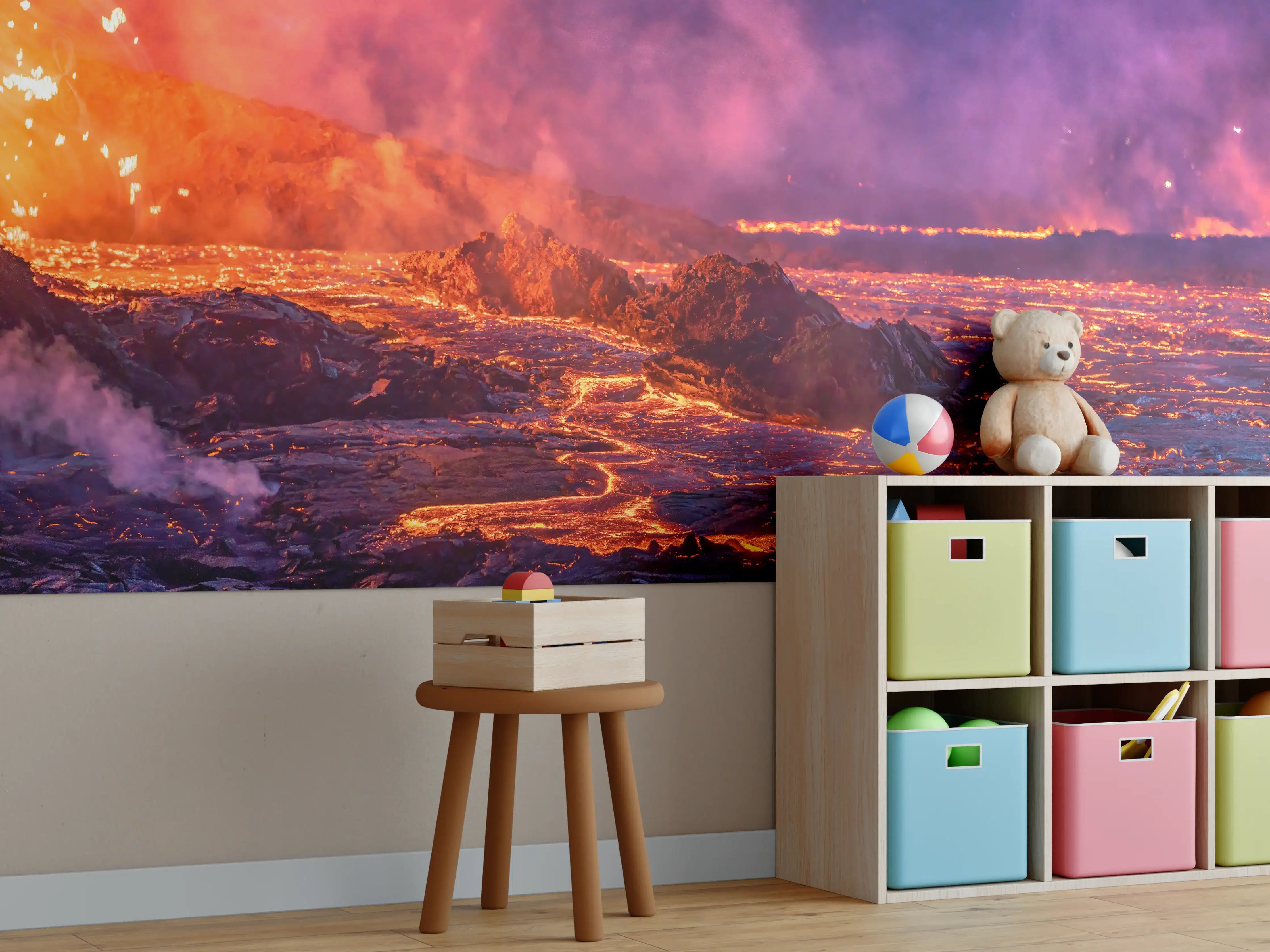 Kinderzimmer Wandgestaltung - Lavastrom aus dem ausbrechenden Vulkankrater