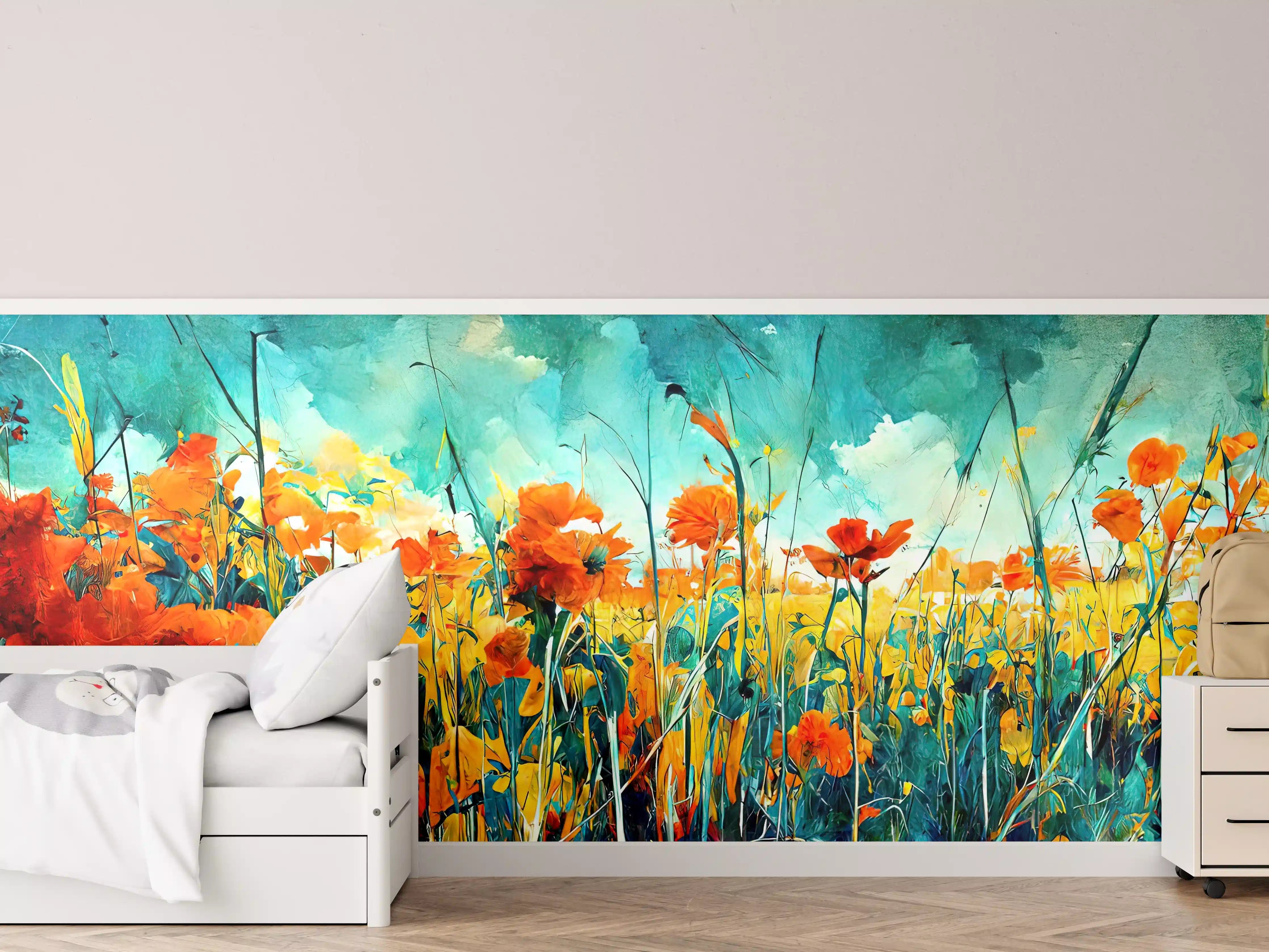 Kinderzimmer Wandgestaltung - Lebendige Blütenpracht im Sonnenlicht