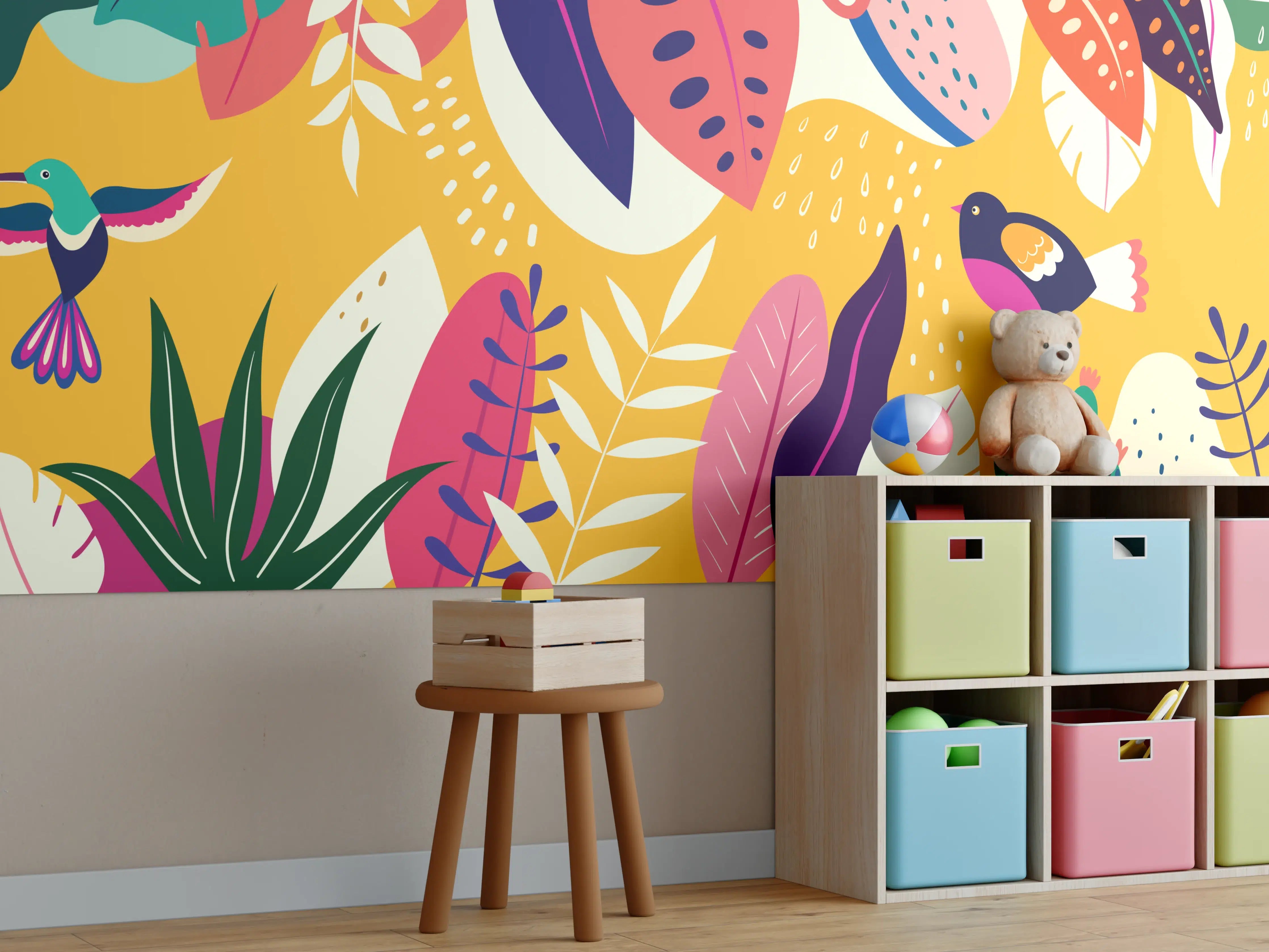 Kinderzimmer Wandgestaltung - Lebendige Dschungelwelt in bunten Farben
