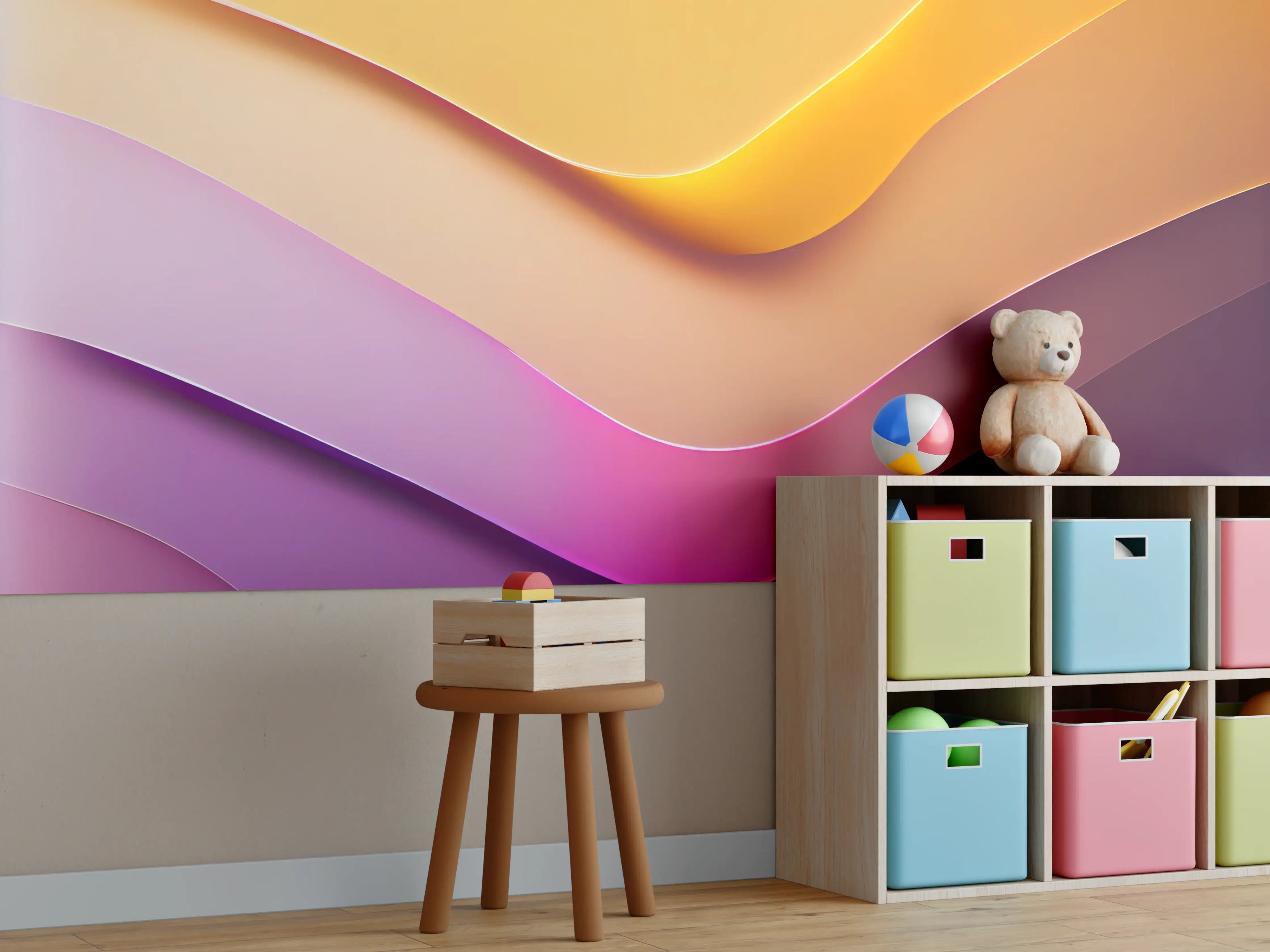 Kinderzimmer Wandgestaltung - Lebendige Farbkomposition mit sanften Wellen