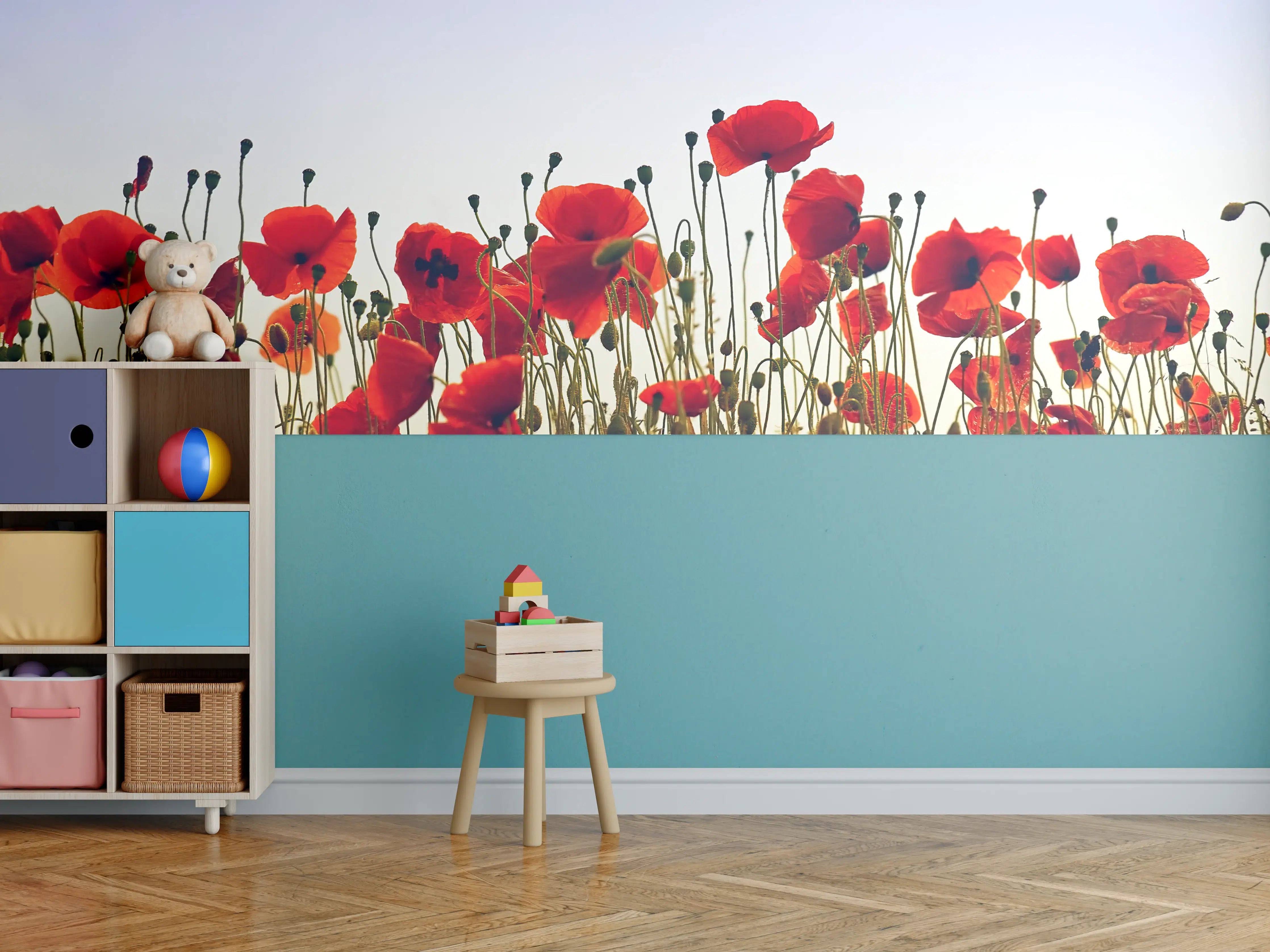 Kinderzimmer Wandgestaltung - Lebendige Mohnblumen im Sonnenlicht