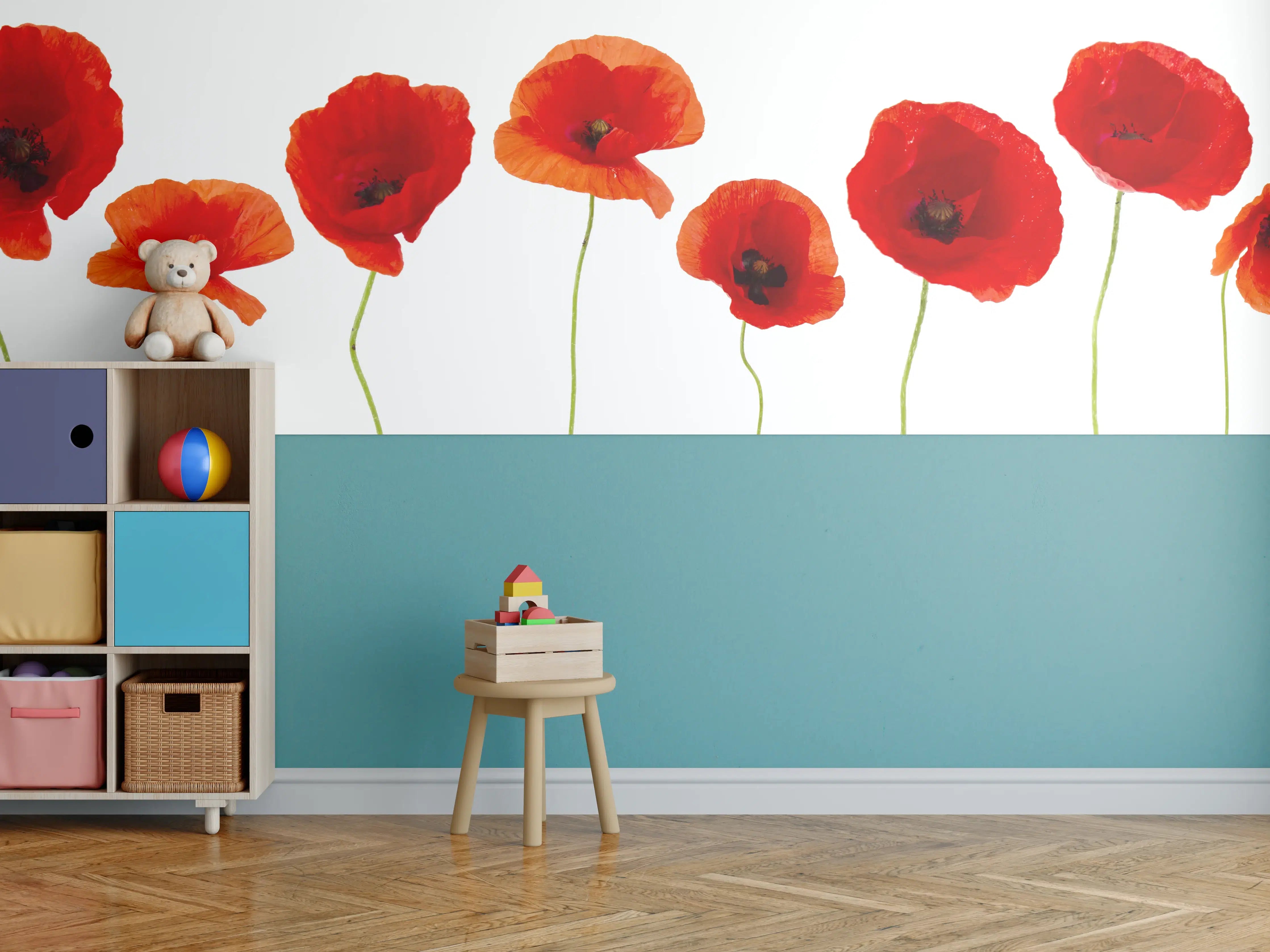 Kinderzimmer Wandgestaltung - Lebendige Mohnblumen mit Orange-rot Farbgebung