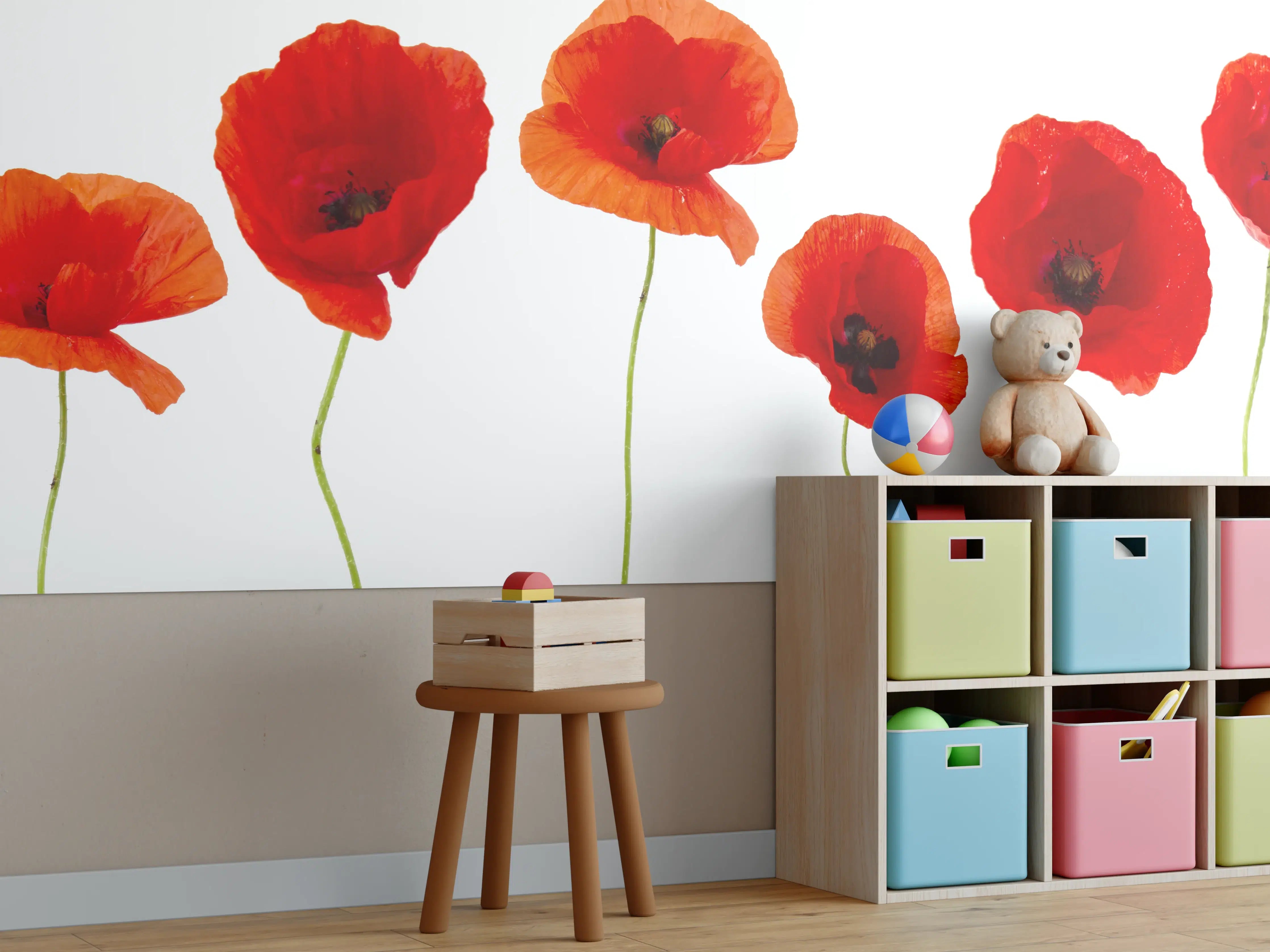 Kinderzimmer Wandgestaltung - Lebendige Mohnblumen mit Orange-rot Farbgebung