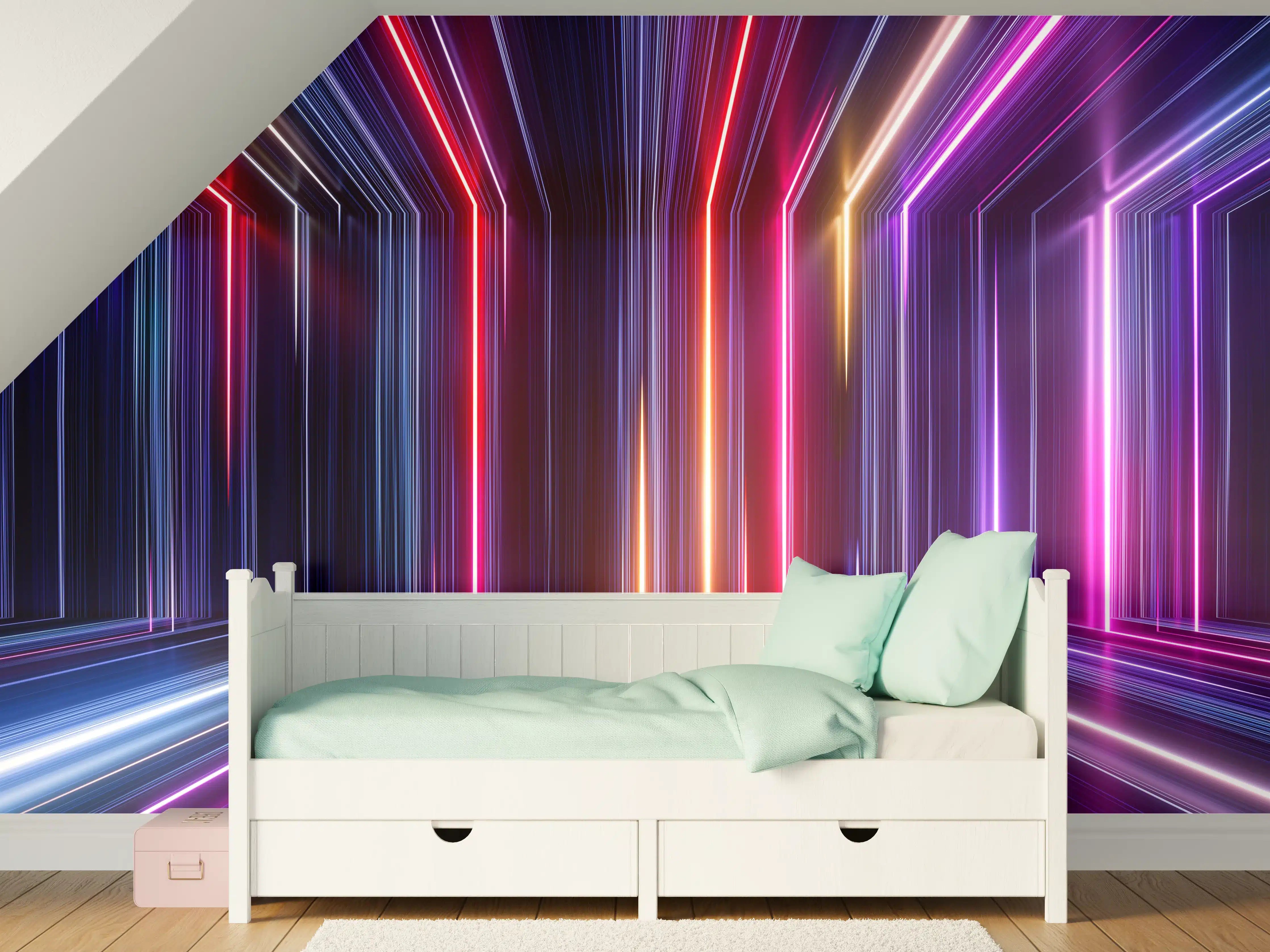 Kinderzimmer Wandgestaltung - Lebendige Neonlicht-Gitterstruktur